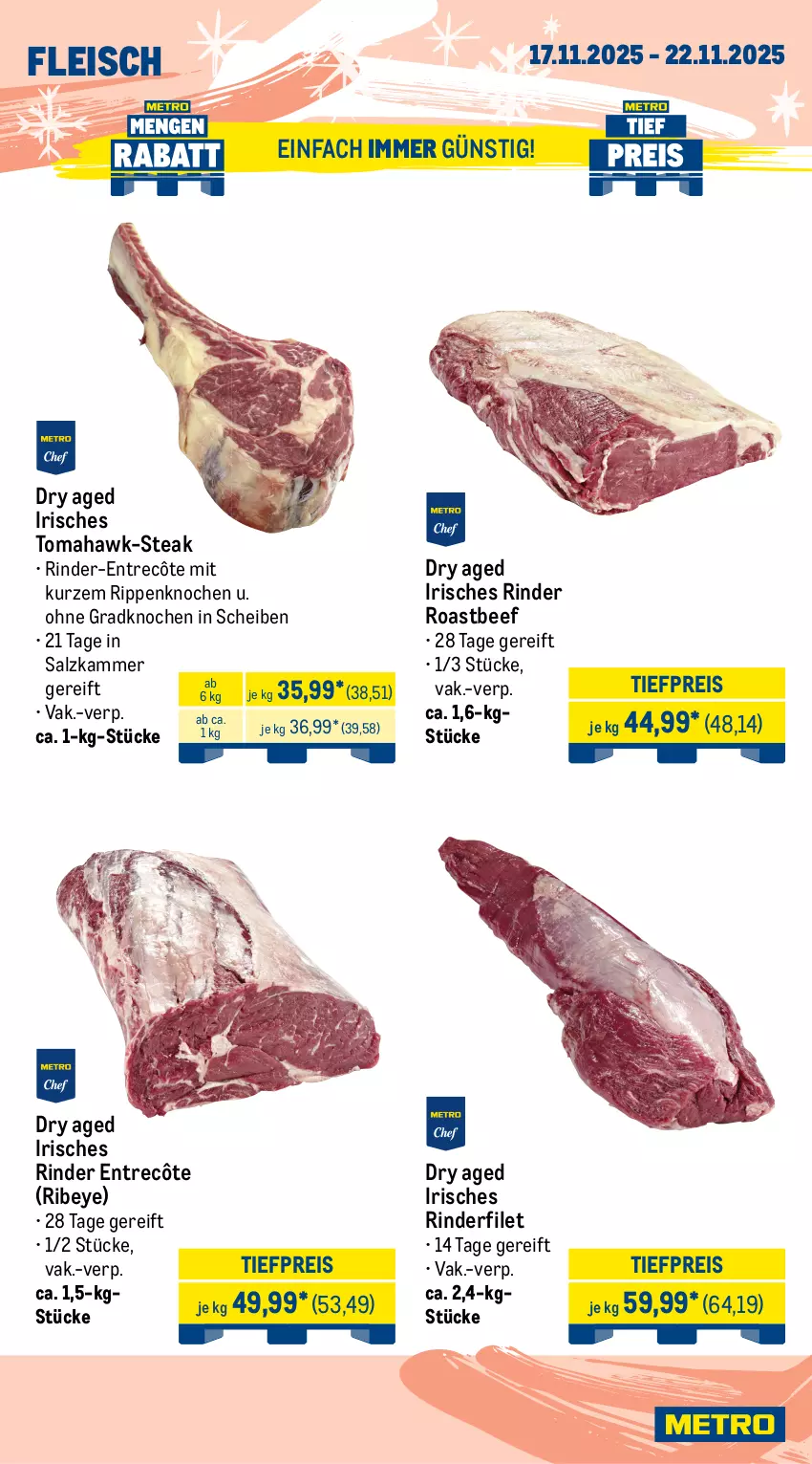 Aktueller Prospekt Metro - Wochen-Angebote Gastro - von 17.11 bis 22.11.2025 - strona 4 - produkty: Abtei, angebot, angebote, aqua, backfisch, beef, eis, entrecôte, filet, fisch, fischtheke, fleisch, frischfisch, Metro, reis, rind, rinder, rinderfilet, Rippen, roastbeef, Rotbarsch, rotbarschfilet, Saibling, salz, Schal, Schale, steak, thunfisch, Ti, tiefpreis, Wild