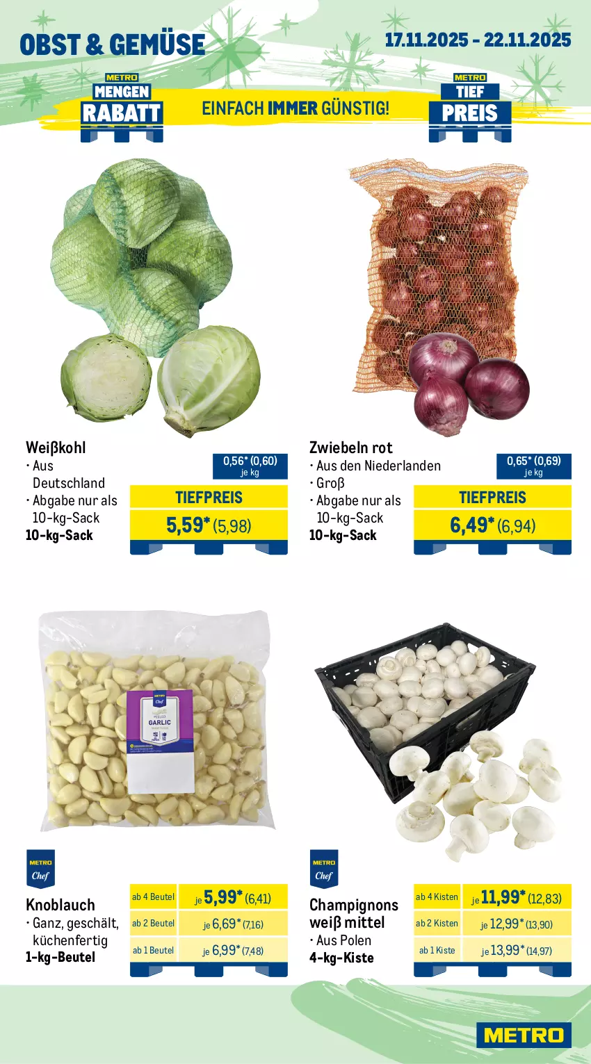 Aktueller Prospekt Metro - Wochen-Angebote Gastro - von 17.11 bis 22.11.2025 - strona 8 - produkty: beutel, braun, brot, champignon, champignons, edamer, eier, eis, gouda, knoblauch, küche, Küchen, Küchensahne, mac, milch, milram, obst, reis, sac, sahne, Ti, tiefpreis, Weißkohl, zwiebel, zwiebeln