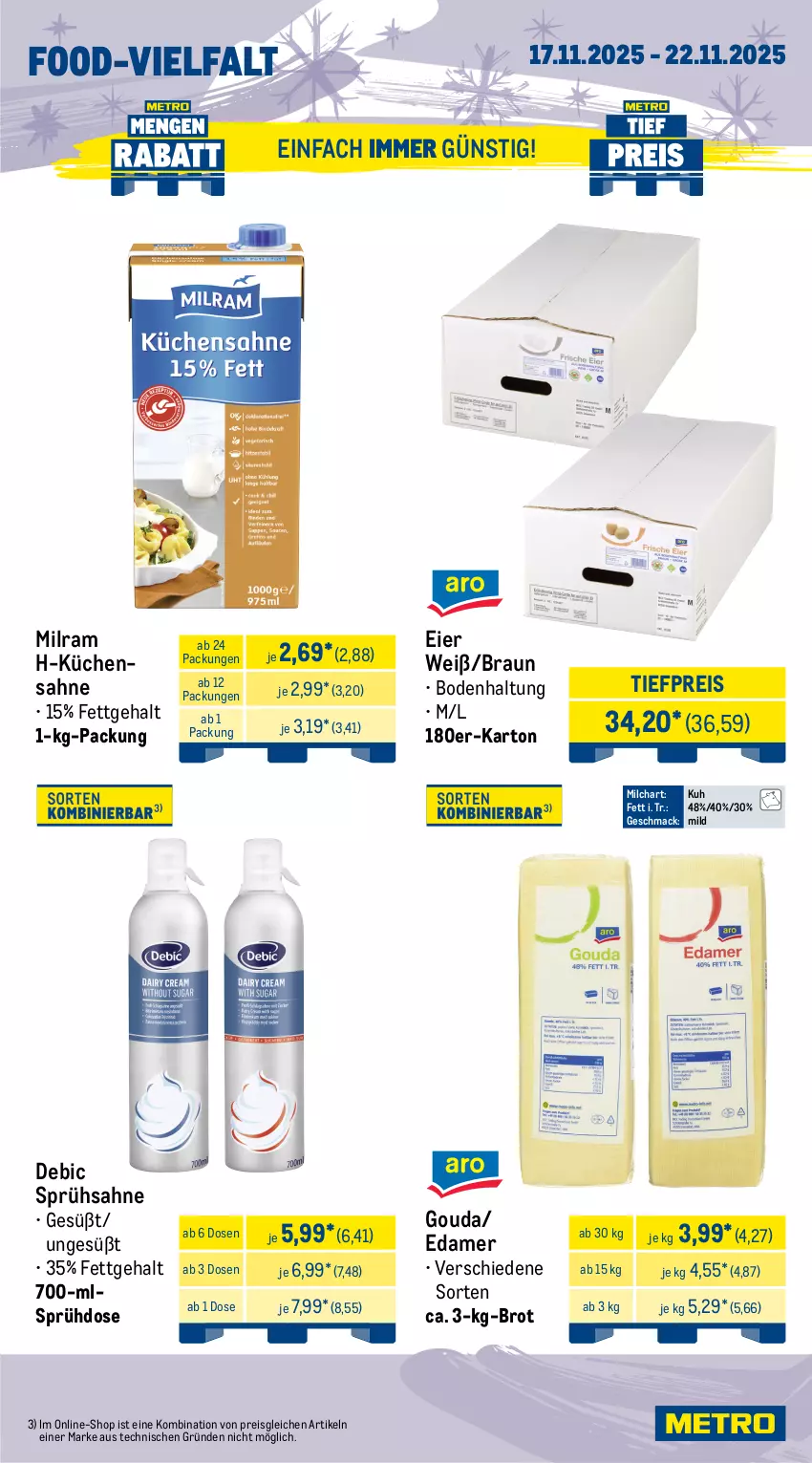Aktueller Prospekt Metro - Wochen-Angebote Gastro - von 17.11 bis 22.11.2025 - strona 9 - produkty: beutel, braun, brot, champignon, champignons, edamer, eier, eis, gouda, knoblauch, küche, Küchen, Küchensahne, mac, milch, milram, obst, reis, sac, sahne, Ti, tiefpreis, Weißkohl, zwiebel, zwiebeln