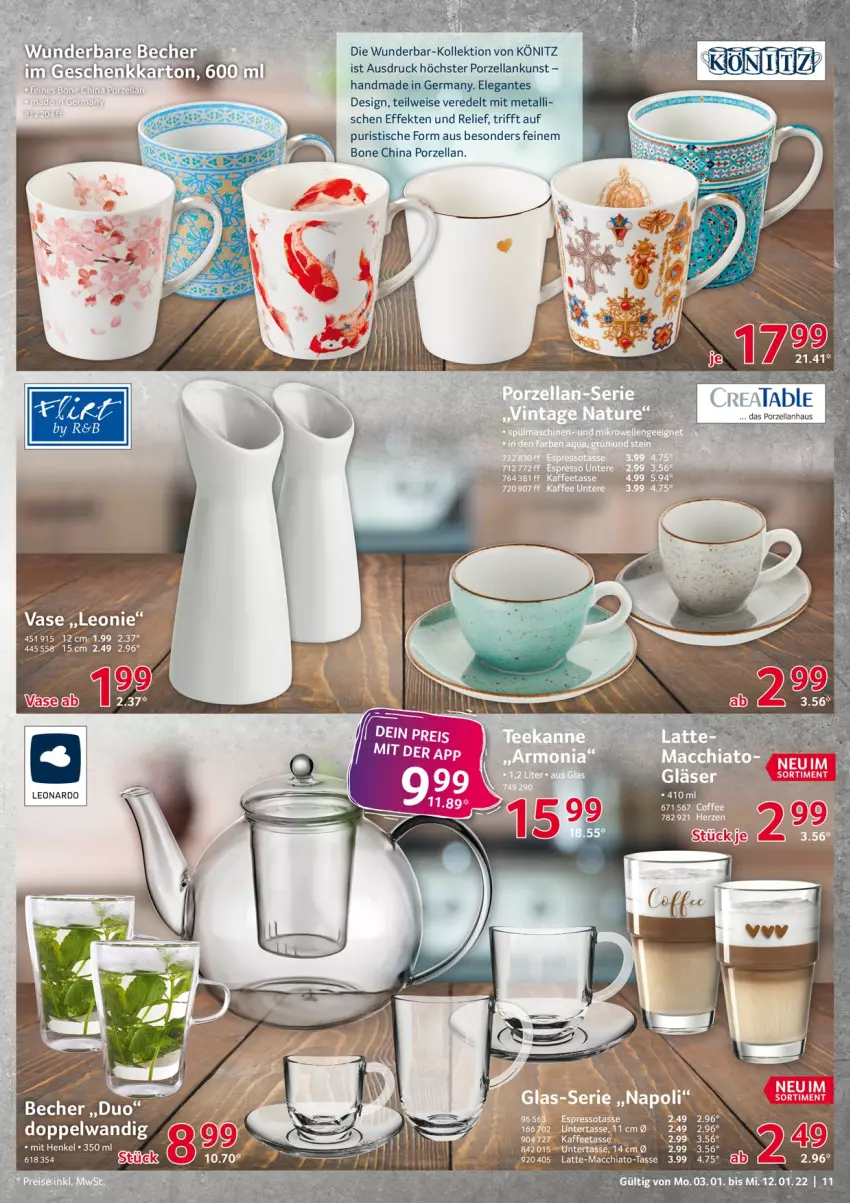 Aktueller Prospekt Selgros - Vorschau:
            Nonfood - von 03.01 bis 12.01.2022 - strona 11 - produkty: ACC, bier, chia, elle, latte, leonardo, mac, macchiato, mikrowelle, rel, tasse, Ti, tisch, Vase