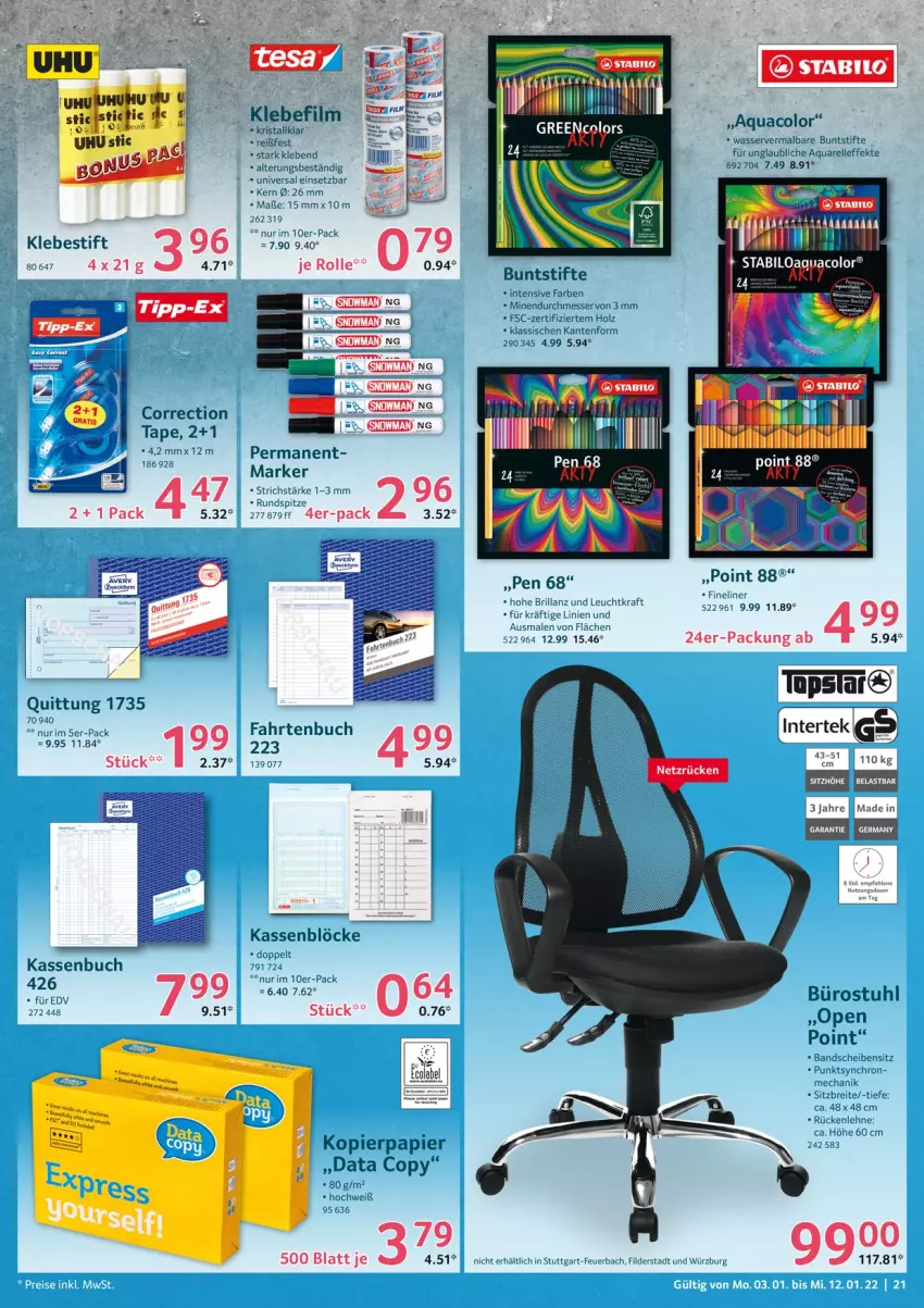 Aktueller Prospekt Selgros - Vorschau:
            Nonfood - von 03.01 bis 12.01.2022 - strona 21 - produkty: aqua, Brei, buch, buntstifte, elle, Fineliner, Holz, intertek, kopierpapier, kraft, messer, papier, rel, rückenlehne, stabilo, stifte, stuhl, Ti, wasser