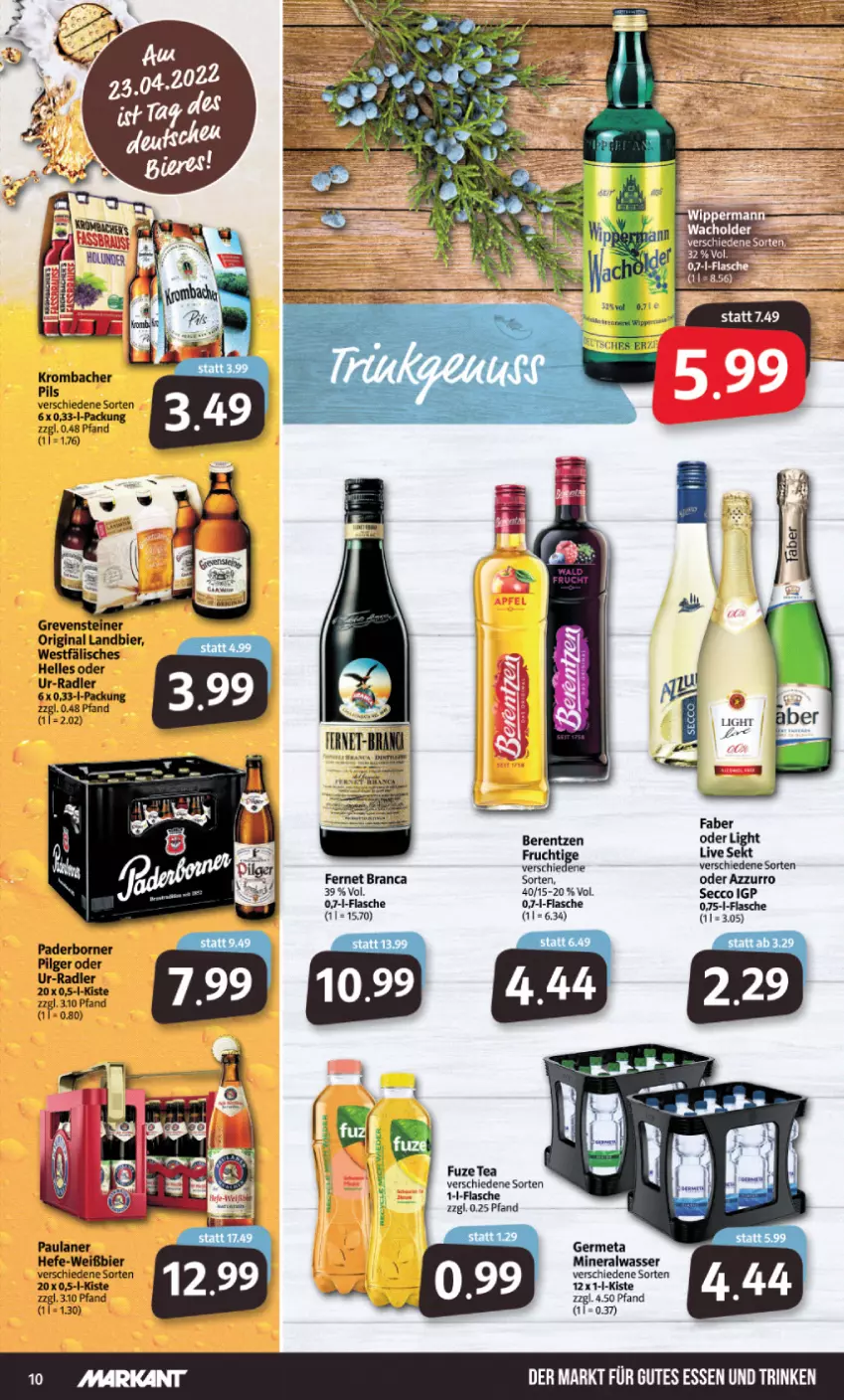 Aktueller Prospekt Markant - Prospekte - von 19.04 bis 23.04.2022 - strona 10 - produkty: Alwa, berentzen, ecco, Fernet, fernet branca, flasche, frucht, gutes essen, mineralwasser, Ti, wasser