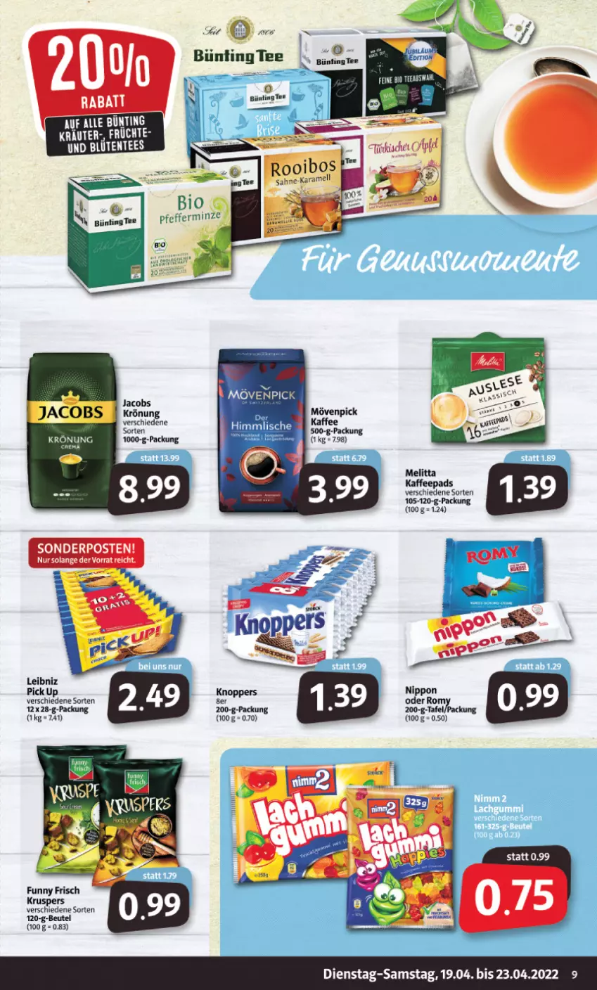 Aktueller Prospekt Markant - Prospekte - von 19.04 bis 23.04.2022 - strona 9 - produkty: bett, beutel, Blüte, ente, Funny Frisch, jacobs, karamell, knoppers, leibniz, melitta, mövenpick, sahne, tee, Ti