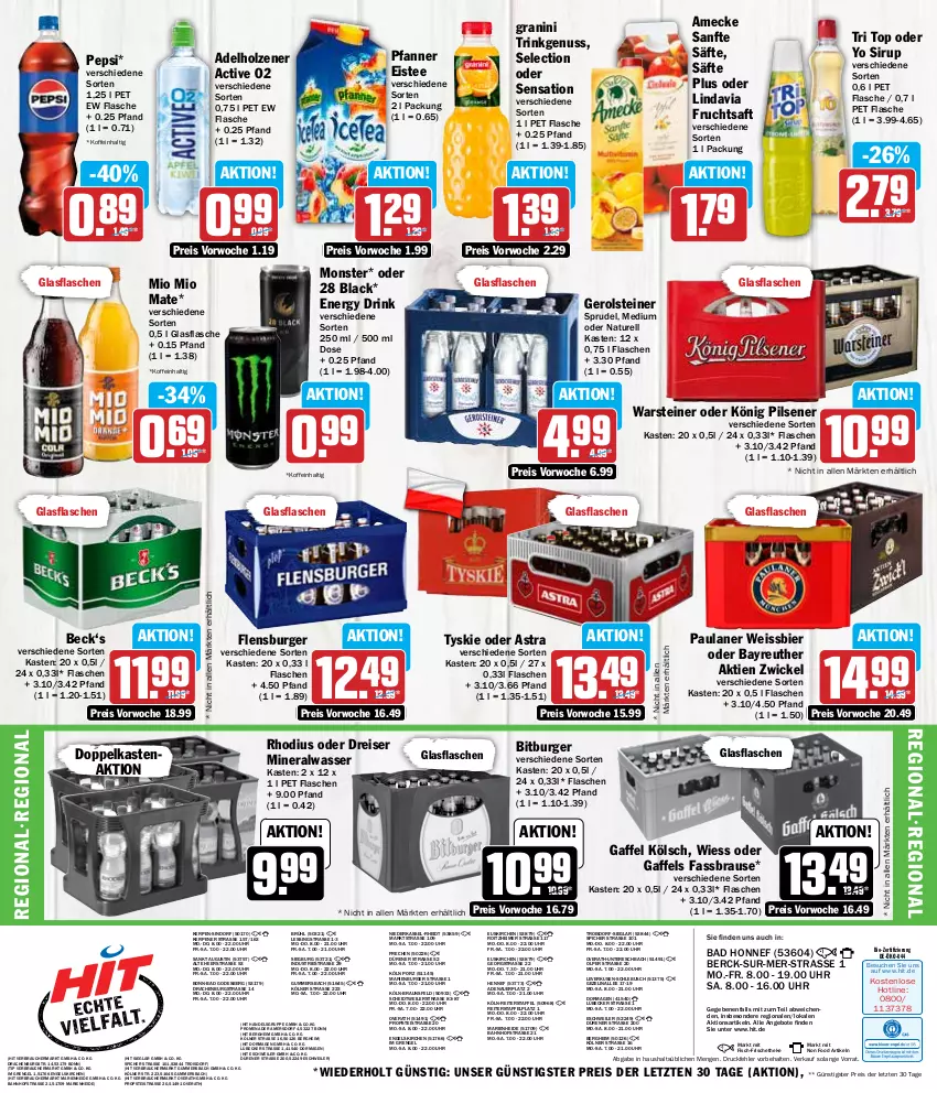 Aktueller Prospekt Hit - Wochenprospekt - von 13.05 bis 18.05.2024 - strona 16 - produkty: adelholzener, Alwa, amecke, angebot, angebote, Astra, auer, Bad, bier, bio, bitburger, braun, brause, burger, drink, eimer, eis, eistee, energy drink, Engel, fassbrause, fisch, flasche, flensburger, frucht, fruchtsaft, gerolsteine, gerolsteiner, glasflasche, granini, Holz, könig pilsener, lack, Lübecker, mineralwasser, Mio Mio, monster, natur, nuss, Paula, paulaner, pepsi, pfanne, Pfanner, pils, pilsener, Rauch, reis, rel, saft, säfte, sirup, Sprudel, steiner, tee, Ti, tyskie, uhr, warsteiner, wasser, weissbier, WICK, Yo, ZTE