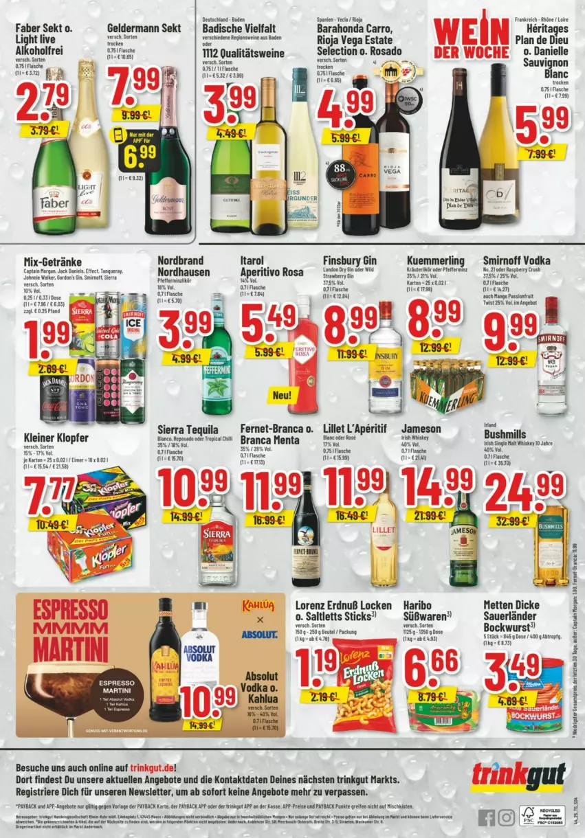 Aktueller Prospekt Trinkgut - Prospekte - von 26.10 bis 01.11.2025 - strona 6 - produkty: alkohol, aperitif, auer, Bad, beutel, bockwurst, Cap, captain morgan, Dicke Sauerländer Bockwurst, dry gin, Effect, eimer, eis, elle, Fernet, finsbury, flasche, geldermann, getränk, getränke, gin, haribo, jack daniel, jack daniels, jameson, kleiner klopfer, kräuter, kräuterlikör, kuemmerling, leine, likör, lillet, london dry, london dry gin, lorenz, merl, Mett, metten, nordbrand, qualitätswein, qualitätsweine, raspberry, reis, rioja, saltletts, sauvignon, sauvignon blanc, sekt, Sierra, sierra tequila, single malt, smirnoff, Tanqueray, tee, tequila, Ti, vodka, wein, weine, whiskey, Wild, wurst, ZTE