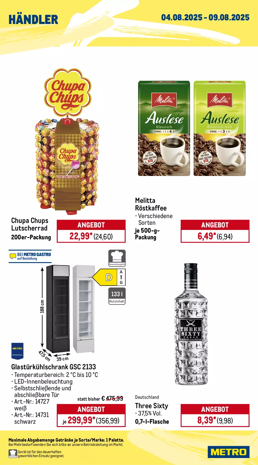 Aktueller Prospekt Metro - Wochen-Angebote Händler - von 04.08 bis 09.08.2025 - strona 2 - produkty: angebot, auer, becks, beere, beeren, beleuchtung, bohne, bree, chardonnay, chupa, chupa chups, ecco, espresso, flasche, frucht, fruchtsecco, getränk, getränke, Glastür, kaffee, kühlschrank, Lutscher, melitta, Metro, metro gastro, Palette, Papaya, pfirsich, röstkaffee, rotkäppchen, Schrank, sekt, Stachelbeeren, Three Sixty, Ti, usb