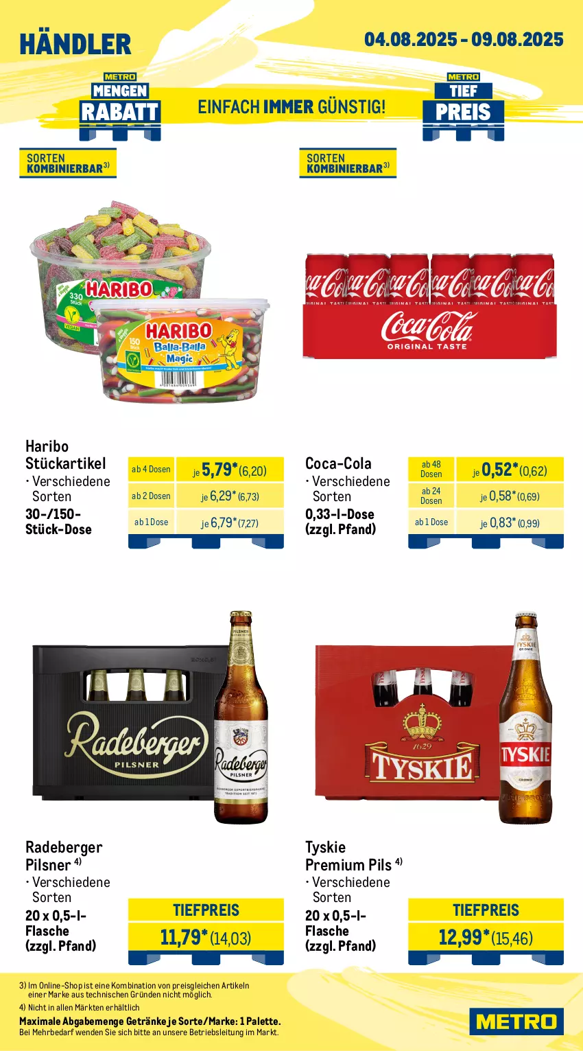 Aktueller Prospekt Metro - Wochen-Angebote Händler - von 04.08 bis 09.08.2025 - strona 5 - produkty: auto, Berger, coca-cola, cola, eis, flasche, getränk, getränke, haribo, LG, Metro, natur, natura, Palette, pils, pilsner, premium pils, radeberger, radeberger pilsner, reis, Ti, tiefpreis, tisch, tyskie
