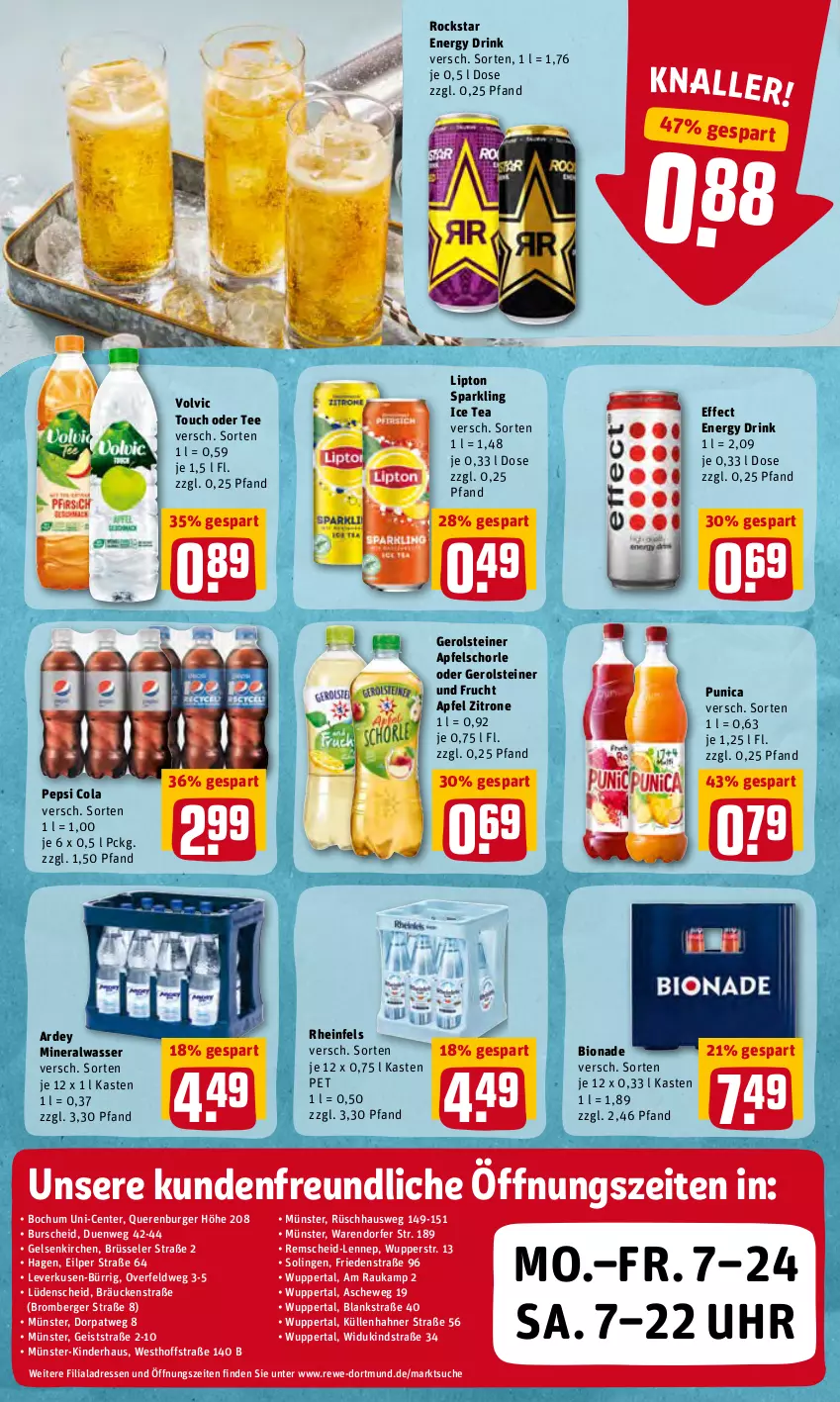 Aktueller Prospekt Rewe - REWE Ihr Kaufpark - von 02.05 bis 07.05.2022 - strona 22 - produkty: Alwa, apfel, Apfelschorle, Berger, bio, bionade, burger, cola, drink, Effect, eis, energy drink, ente, frucht, gerolsteine, gerolsteiner, ice tea, Kinder, lipton, mineralwasser, pepsi, Pepsi Cola, punica, reis, Rockstar, schorle, steiner, tee, Ti, uhr, volvic, wasser, zitrone