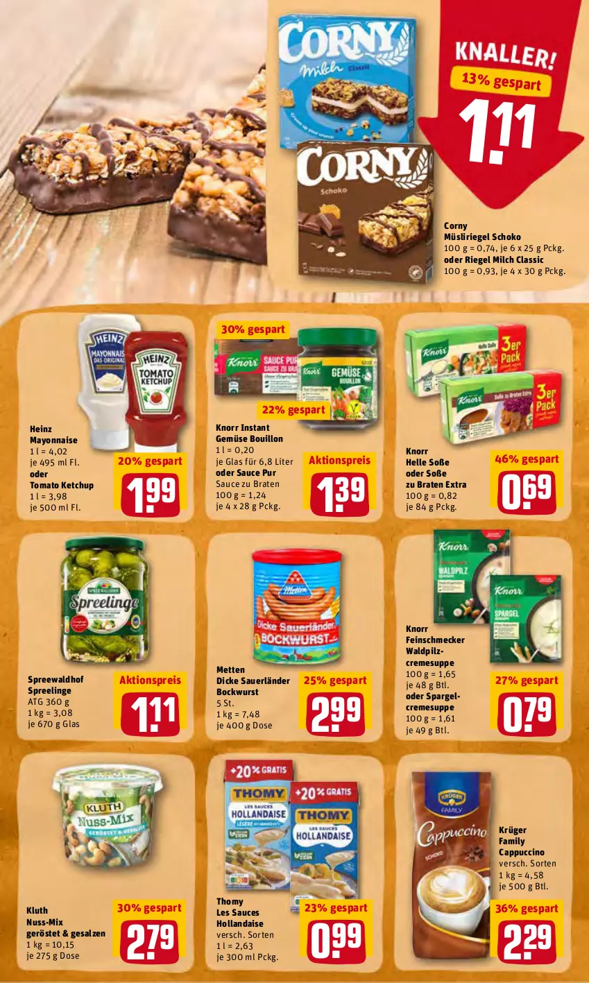 Aktueller Prospekt Rewe - REWE Ihr Kaufpark - von 02.05 bis 07.05.2022 - strona 26 - produkty: aktionspreis, auer, bockwurst, braten, Cap, cappuccino, cin, corny, creme, cremesuppe, Dicke Sauerländer Bockwurst, eis, elle, feinschmecker, heinz, hollandaise, ketchup, knorr, krüger, mayonnaise, Mett, metten, milch, müsli, Müsliriegel, nuss, reis, riegel, salz, sauce, schoko, Soße, spargel, spreewaldhof, suppe, thomy, thomy les sauces, Ti, tomato ketchup, wurst, Yo