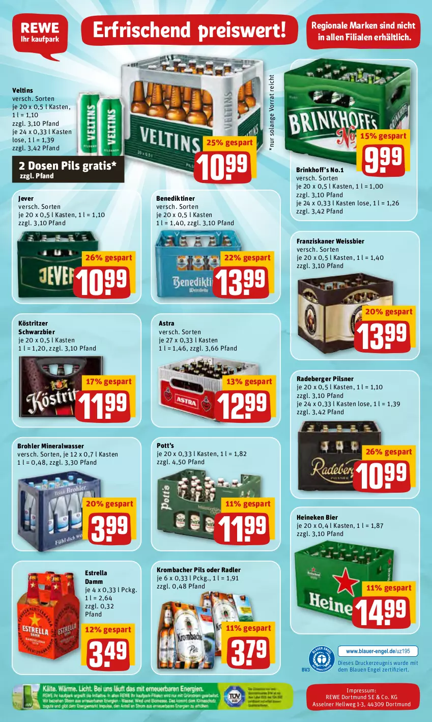 Aktueller Prospekt Rewe - REWE Ihr Kaufpark - von 02.05 bis 07.05.2022 - strona 28 - produkty: Alwa, Astra, Benediktiner, Berger, bier, drucker, eis, Engel, Estrella Damm, franziskaner, heineken, jever, kerze, köstritzer, krombache, krombacher, krombacher pils, mineralwasser, oder radler, pils, pilsner, radeberger, radeberger pilsner, radler, reis, rel, Ti, veltins, wasser, weissbier