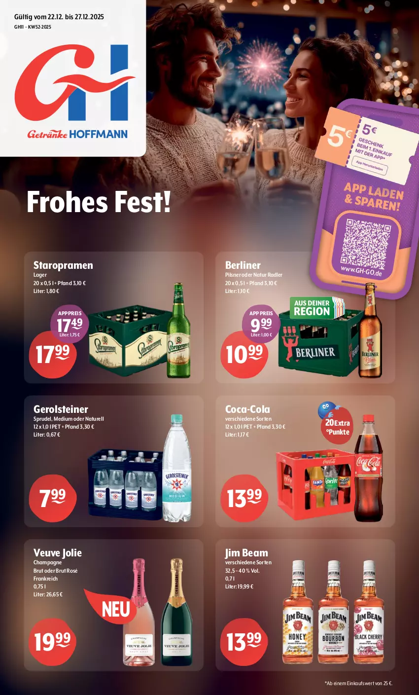 Aktueller Prospekt Getraenke Hoffmann - Prospekte - von 22.12 bis 27.12.2025 - strona 1 - produkty: berliner, brut, champagne, coca-cola, cola, eis, gerolsteine, gerolsteiner, jim beam, natur, natur radler, pils, pilsner, radler, reis, rel, Sprudel, Staropramen, steiner, Ti
