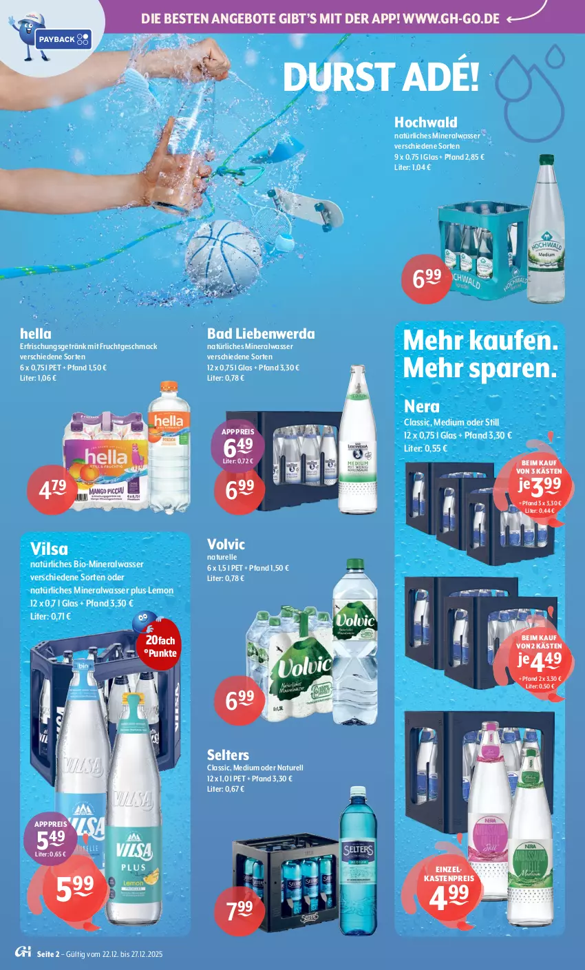 Aktueller Prospekt Getraenke Hoffmann - Prospekte - von 22.12 bis 27.12.2025 - strona 2 - produkty: Alwa, angebot, angebote, Bad, Bad Liebenwerda, bio, eis, elle, erfrischungsgetränk, frucht, getränk, hella, hochwald, mac, mineralwasser, mit frucht, natur, natürliches mineralwasser, reis, rel, Selters, Ti, vilsa, volvic, wasser