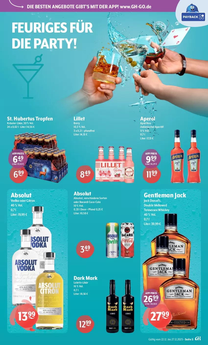 Aktueller Prospekt Getraenke Hoffmann - Prospekte - von 22.12 bis 27.12.2025 - strona 5 - produkty: Absolut Vodka, angebot, angebote, aperitif, aperol, bacardi, coca-cola, cola, eis, jack daniel, Jack Daniel’s, kräuter, Lakritz, likör, lillet, reis, tennessee whiskey, Ti, vodka, whiskey