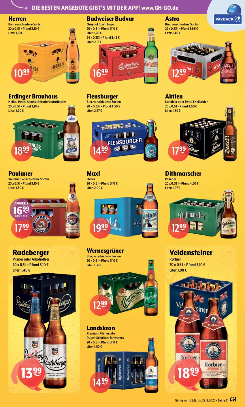 Aktueller Prospekt Getraenke Hoffmann - Prospekte - von 22.12 bis 27.12.2025 - strona 7 - produkty: alkohol, angebot, angebote, Astra, Berger, bier, budweiser, burger, eis, elle, erdinger, flensburger, gin, kellerbier, mars, Maxl Helles, natur, Paula, paulaner, pils, pilsener, pilsner, premium pils, radeberger, radeberger pilsner, radler, reis, steiner, Ti, WICK