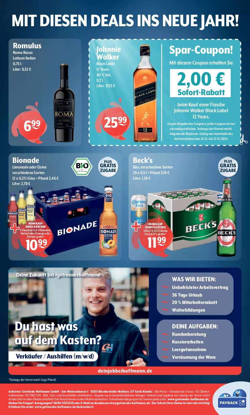 Aktueller Prospekt Getraenke Hoffmann - Prospekte - von 22.12 bis 27.12.2025 - strona 8 - produkty: abholpreise, bier, bio, bionade, black label, corona, coupon, coupons, eis, eistee, flasche, getränk, getränke, gewinnspiel, holunder, johnnie walker, lack, limo, limonade, natur, orange, reis, sofort-rabatt, Spiele, tee, Ti, zitrone