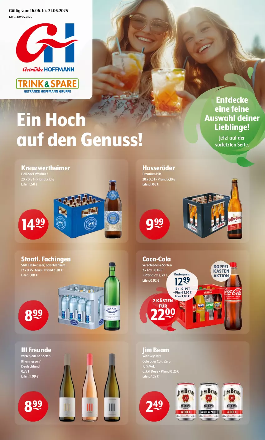 Aktueller Prospekt Getraenke Hoffmann - Prospekte - von 16.06 bis 21.06.2025 - strona 1 - produkty: bier, coca-cola, cola, decke, eimer, eis, hasseröder, jim beam, nuss, pils, premium pils, reis, Staatl. Fachingen, Ti, wasser, whiskey, ZTE
