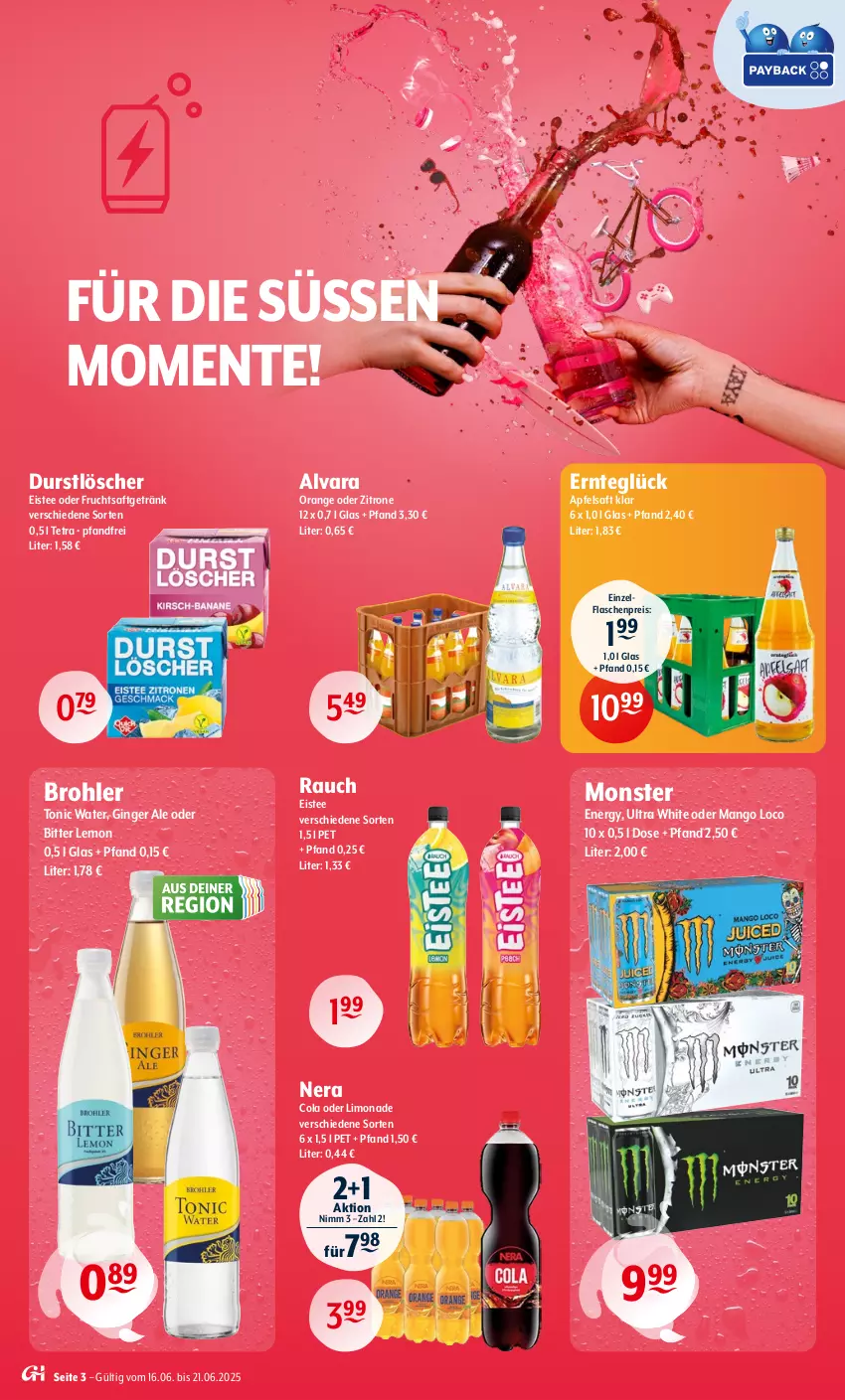 Aktueller Prospekt Getraenke Hoffmann - Prospekte - von 16.06 bis 21.06.2025 - strona 3 - produkty: apfel, apfelsaft, bitter lemon, cola, durstlöscher, eis, eistee, ente, flasche, frucht, fruchtsaft, fruchtsaftgetränk, getränk, gin, ginger, ginger ale, limo, limonade, mango, monster, Monster Energy, orange, Rauch, reis, saft, tee, Ti, tonic, tonic water, zitrone