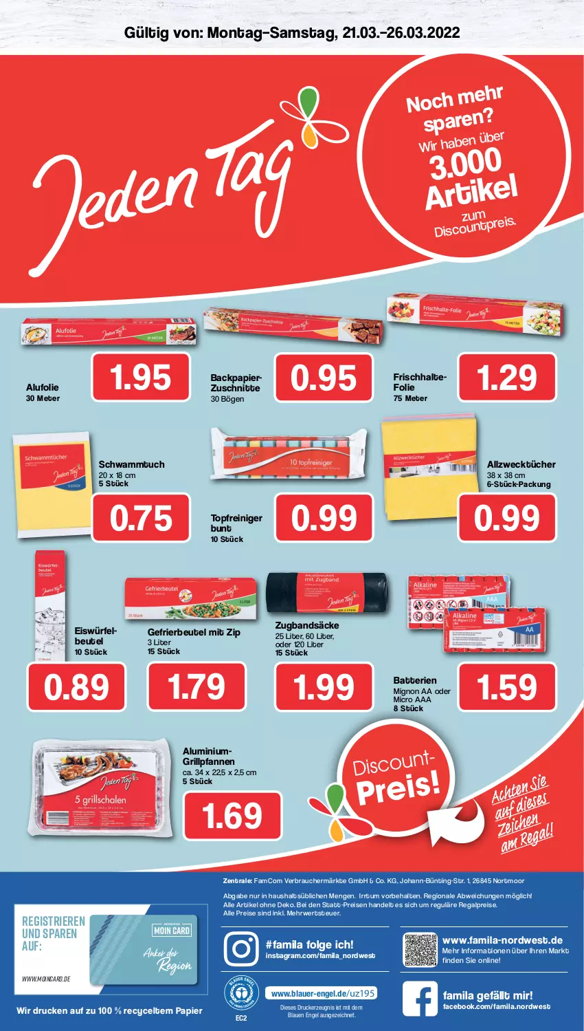 Aktueller Prospekt Famila - Prospekte - von 21.03 bis 26.03.2022 - strona 4 - produkty: Allzwecktücher, auer, batterie, batterien, beutel, drucker, eis, eiswürfel, Engel, frischhaltefolie, gefrierbeutel, grill, Grillpfanne, kerze, LG, papier, pfanne, pfannen, Rauch, regal, reiniger, reis, rwe, schwamm, Schwammtuch, Ti, topf, tuc, tücher, weck, würfel