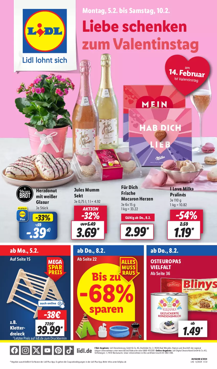 Aktueller Prospekt Lidl - Aktionsprospekt - von 05.02 bis 10.02.2024 - strona 1 - produkty: angebot, angebote, Bad, bio, brot, coupon, Donut, eis, jules mumm, mac, milka, mumm, reis, sekt, Ti, ZTE