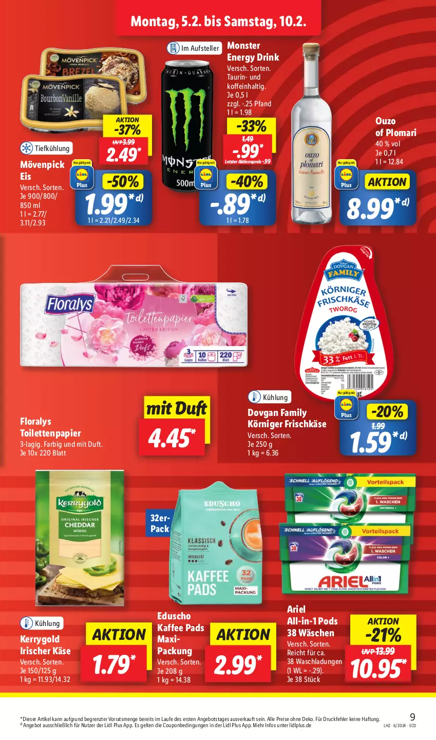 Aktueller Prospekt Lidl - Aktionsprospekt - von 05.02 bis 10.02.2024 - strona 13 - produkty: aktionspreis, angebot, ariel, coupon, dovgan, drink, eduscho, eis, elle, energy drink, Floralys, frischkäse, kaffee, Käse, kerrygold, Körniger Frischkäse, monster, Monster Energy, mövenpick, mövenpick eis, ouzo, papier, Pods, reis, teller, Ti, toilettenpapier, ZTE