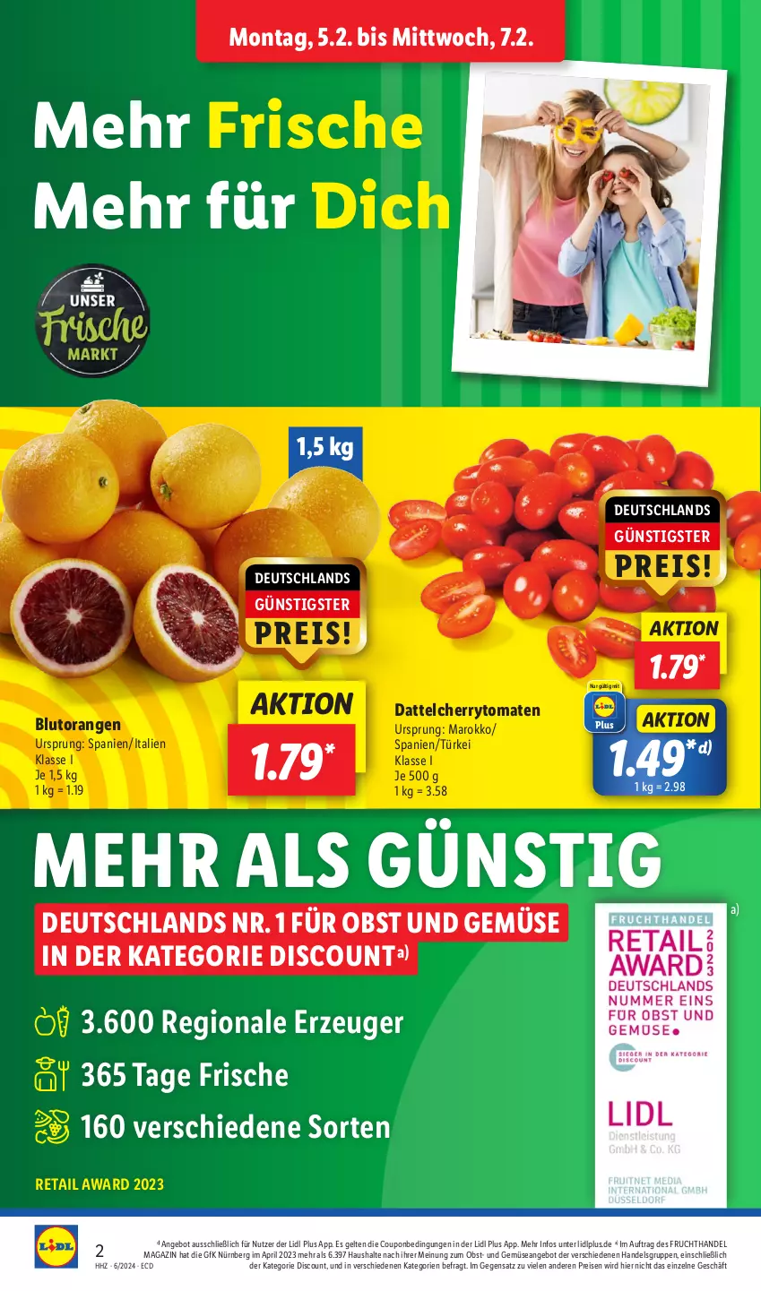 Aktueller Prospekt Lidl - Aktionsprospekt - von 05.02 bis 10.02.2024 - strona 2 - produkty: angebot, Blutorange, cherrytomaten, coupon, discount, eis, frucht, magazin, obst, Obst und Gemüse, orange, orangen, pril, reis, Ti, tomate, tomaten, und gemüse