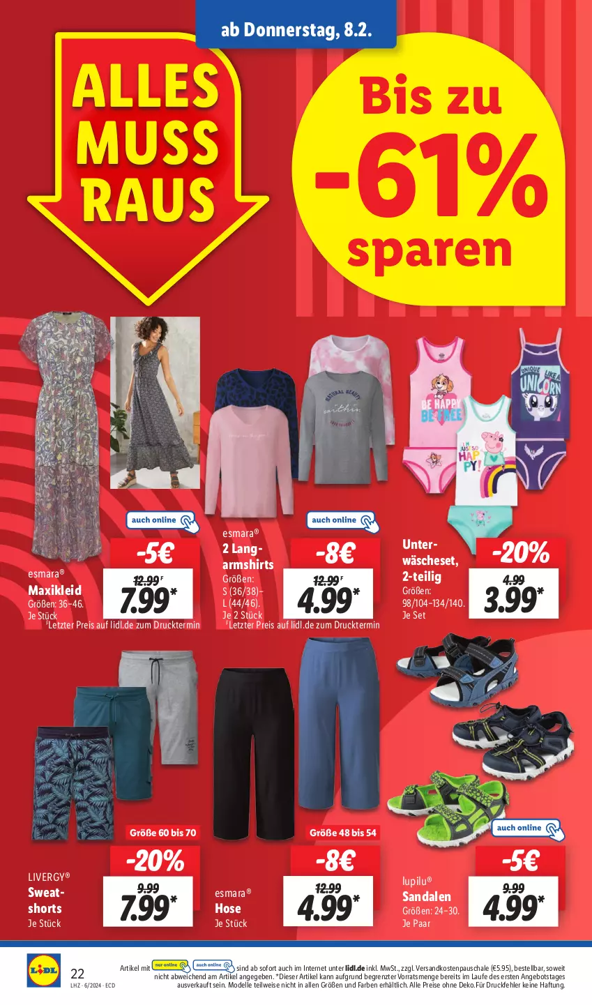 Aktueller Prospekt Lidl - Aktionsprospekt - von 05.02 bis 10.02.2024 - strona 28 - produkty: angebot, dell, eis, elle, esmara, hose, kleid, Langarmshirt, livergy, lupilu, maxikleid, Mode, ndk, reis, sandale, sandalen, Schal, Schale, shirt, shirts, shorts, Ti, ZTE