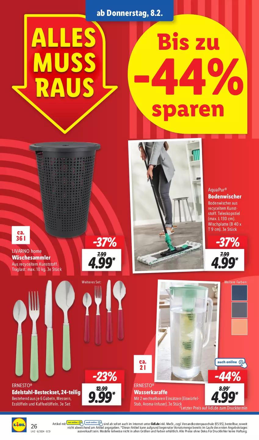 Aktueller Prospekt Lidl - Aktionsprospekt - von 05.02 bis 10.02.2024 - strona 32 - produkty: angebot, aqua, AquaPur, besteck, besteckset, bodenwischer, dell, edelstahl, Edelstahl-Besteck, eis, eiswürfel, elle, ernesto, gabel, HP, kaffee, Karaffe, latte, Löffel, messer, Mode, ndk, reis, Schal, Schale, Teleskop, teleskopstiel, Ti, wasser, Wasserkaraffe, würfel, ZTE