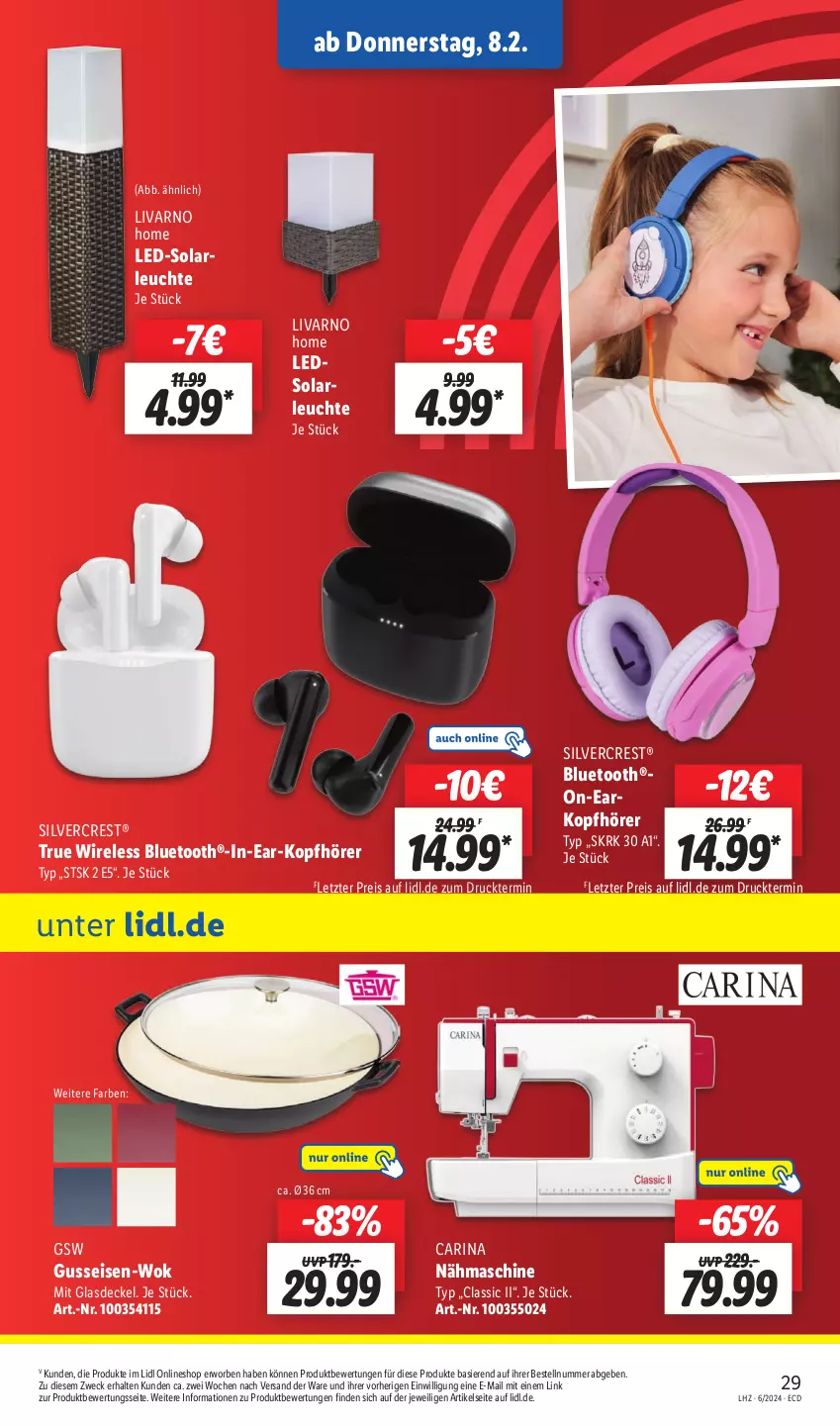 Aktueller Prospekt Lidl - Aktionsprospekt - von 05.02 bis 10.02.2024 - strona 35 - produkty: decke, Deckel, eis, Glasdeckel, gsw, in-ear-kopfhörer, kopfhörer, led-solarleuchte, leds, Leuchte, Nähmaschine, reis, rel, silvercrest, solarleuchte, Ti, weck, wok, ZTE