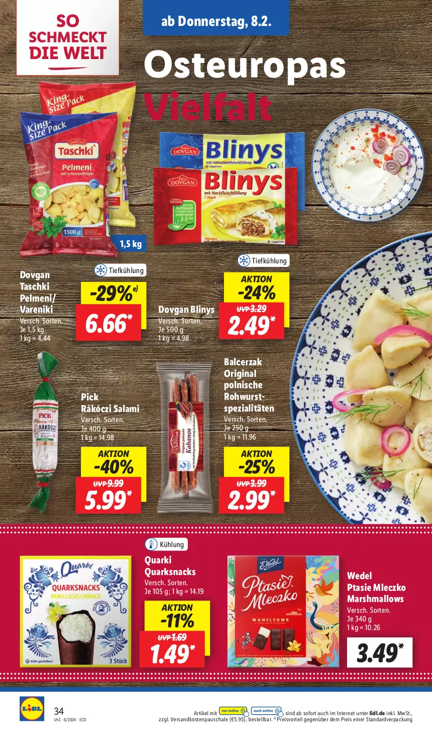 Aktueller Prospekt Lidl - Aktionsprospekt - von 05.02 bis 10.02.2024 - strona 44 - produkty: dovgan, eis, gin, mars, ndk, pelmeni, preisvorteil, quark, Quarki, reis, Rohwurst, salami, Schal, Schale, snack, snacks, Spezi, taschki, Ti, wedel, wurst