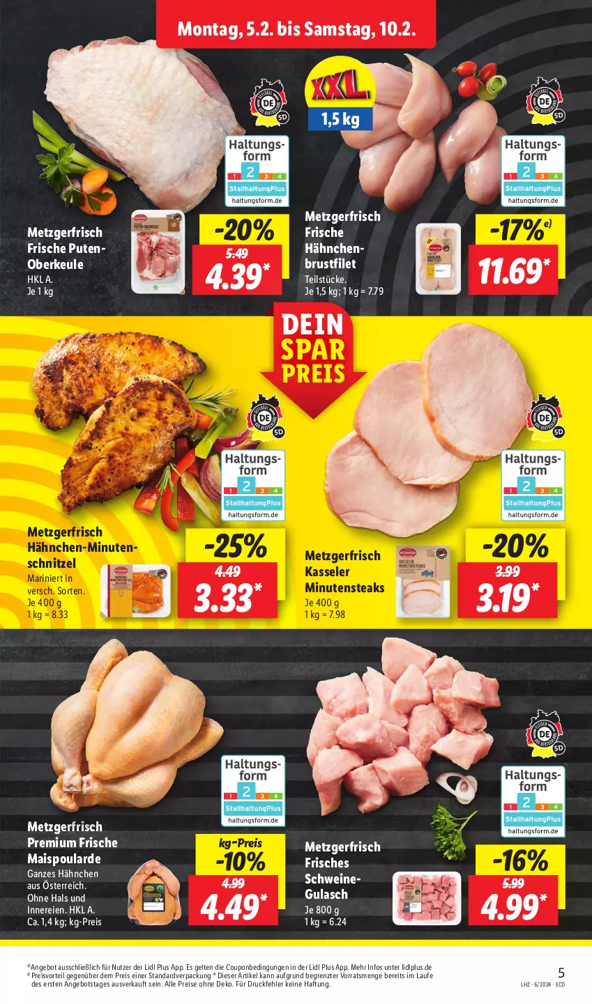 Aktueller Prospekt Lidl - Aktionsprospekt - von 05.02 bis 10.02.2024 - strona 5 - produkty: angebot, brustfilet, coupon, eis, filet, Frische Hähnchen, gulasch, hähnchenbrust, hähnchenbrustfilet, kasseler, mais, minutenschnitzel, minutensteaks, preisvorteil, pute, Putenoberkeule, reis, schnitzel, schwein, schweine, schweinegulasch, steak, steaks, Ti, wein, weine, ZTE