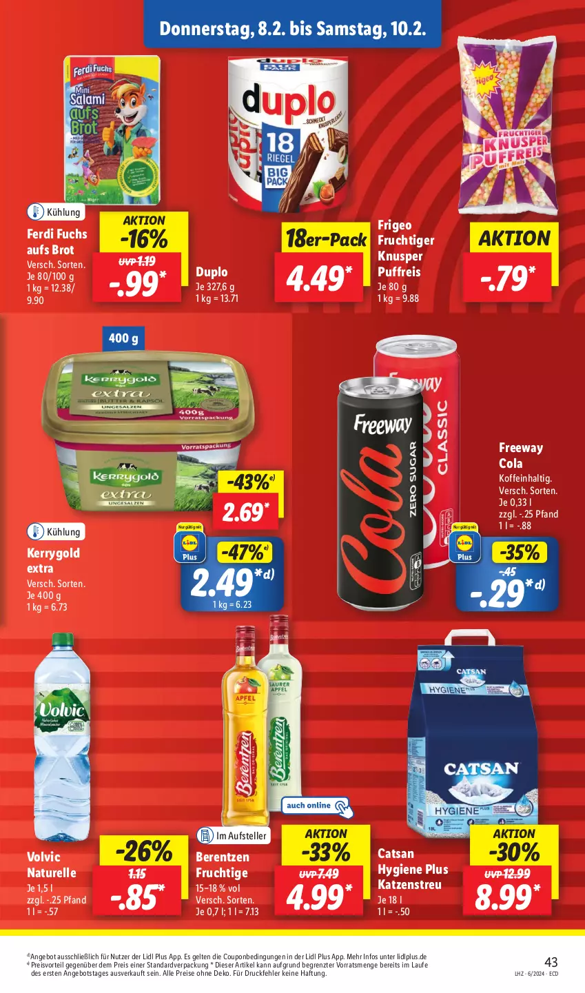 Aktueller Prospekt Lidl - Aktionsprospekt - von 05.02 bis 10.02.2024 - strona 55 - produkty: angebot, berentzen, brot, catsan, cola, coupon, duplo, eis, elle, ferdi fuchs, frucht, Katzenstreu, kerrygold, kerrygold extra, natur, preisvorteil, reis, rel, teller, Ti, volvic, ZTE