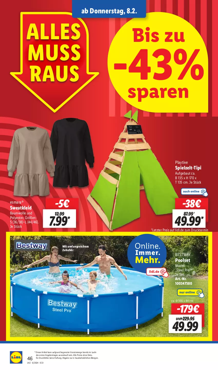 Aktueller Prospekt Lidl - Aktionsprospekt - von 05.02 bis 10.02.2024 - strona 58 - produkty: angebot, Bau, baumwolle, bestway, dell, eis, esmara, kleid, Mode, pool, reis, steel pro, Sweatkleid, tee, Ti, Tipi, wolle, Zelt, ZTE