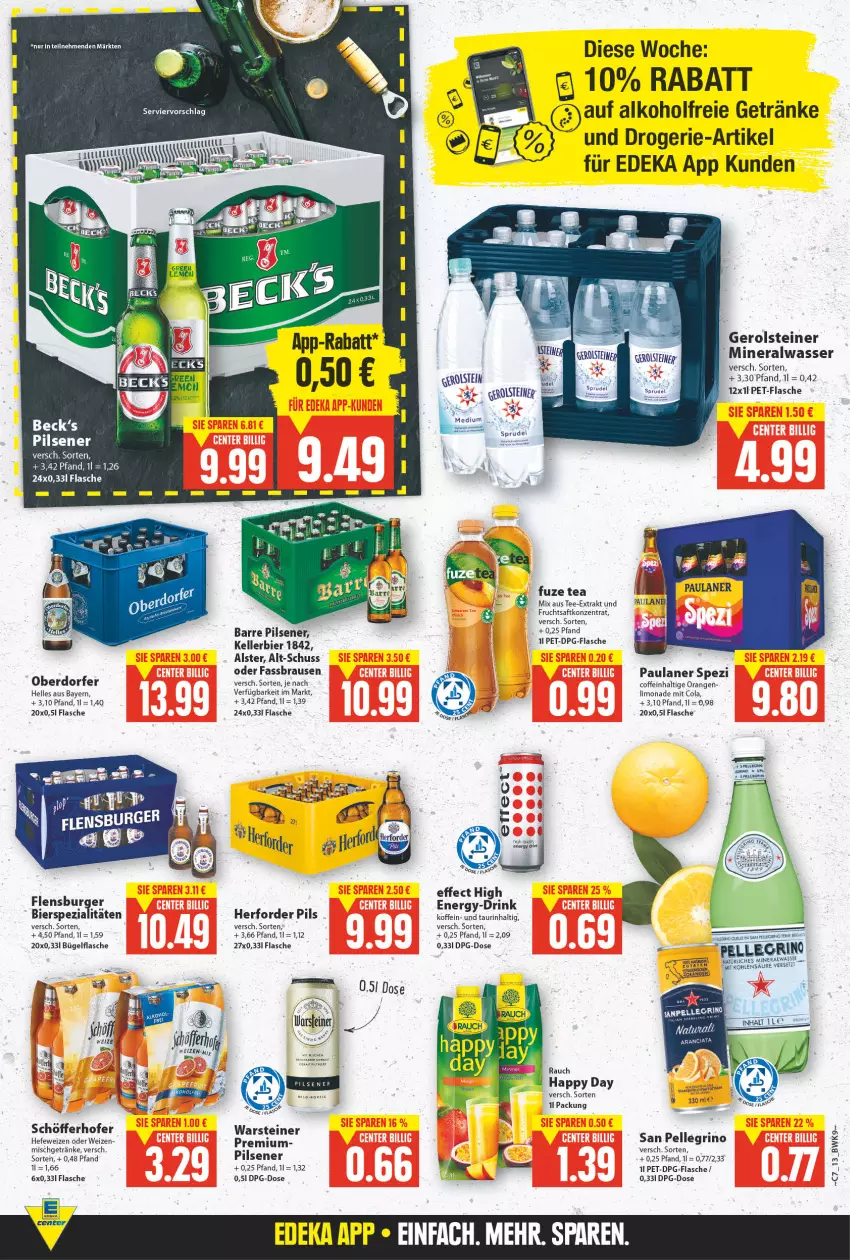 Aktueller Prospekt E Center - Angebote der Woche - von 14.02 bis 19.02.2022 - strona 12 - produkty: alkohol, alkoholfreie getränke, Alwa, bier, bierspezialitäten, brause, bügel, bügelflasche, burger, coffein, cola, deka, drink, drogerie-artikel, Effect, elle, fassbrause, flasche, frucht, fruchtsaft, fuze tea, gerolsteine, gerolsteiner, getränk, getränke, Happy Day, Hefe, hefeweizen, kellerbier, limo, limonade, mineralwasser, orange, orangen, Paula, paulaner, pet-flasche, pils, pilsener, Rauch, saft, san pellegrino, schöfferhofer, Spezi, steiner, tee, Ti, warsteiner, wasser