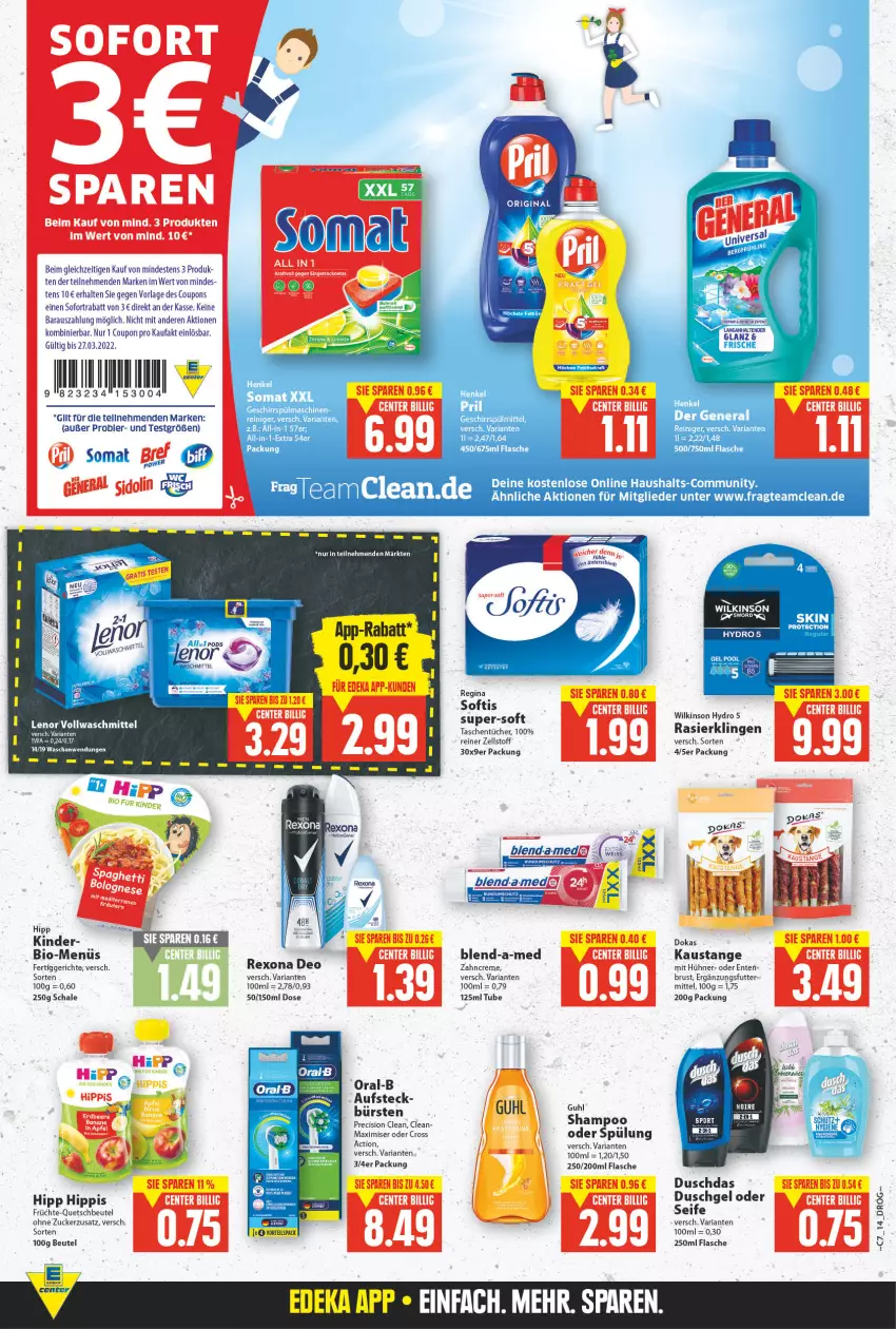 Aktueller Prospekt E Center - Angebote der Woche - von 14.02 bis 19.02.2022 - strona 13 - produkty: aust, beutel, bio, blend-a-med, bürste, bürsten, coupon, coupons, creme, cross action, deo, duschdas, duschgel, eis, ente, fertiggericht, fertiggerichte, flasche, früchte, geschirr, gin, Guhl, henkel, hipp, hühner, Kinder, lenor, LG, oral-b, pool, precision clean, quetschbeutel, Rasierklinge, rasierklingen, reiniger, rel, rexona, Ria, Schal, Schale, Seife, shampoo, shampoo oder spülung, sofortrabatt, somat, spülmaschinen, spülung, Tasche, taschen, taschentücher, Ti, tücher, vollwaschmittel, waschmittel, wilkinson, zahncreme, zucker