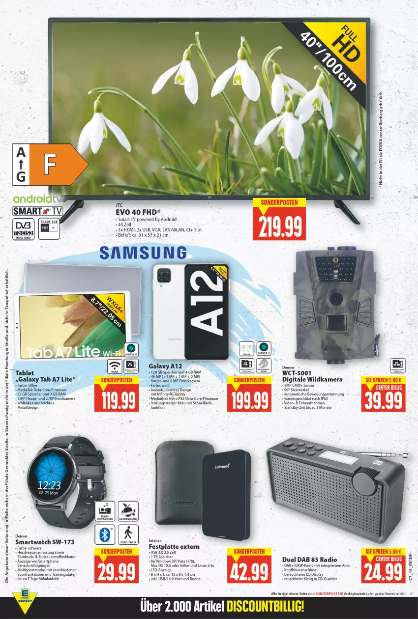 Aktueller Prospekt E Center - Angebote der Woche - von 14.02 bis 19.02.2022 - strona 14 - produkty: akku, angebot, angebote, auer, auto, braun, burger, cmos-sensor, deka, deo, discount, eis, elle, ente, festplatte, frontkamera, hamburger, HDMI, intenso, kamera, kopfhörer, latte, Leuchte, mac, Radio, smart tv, smartphone, smartwatch, Sport, tablet, Tasche, Ti, tisch, tuner, usb, wasser, Wild, Wildkamera