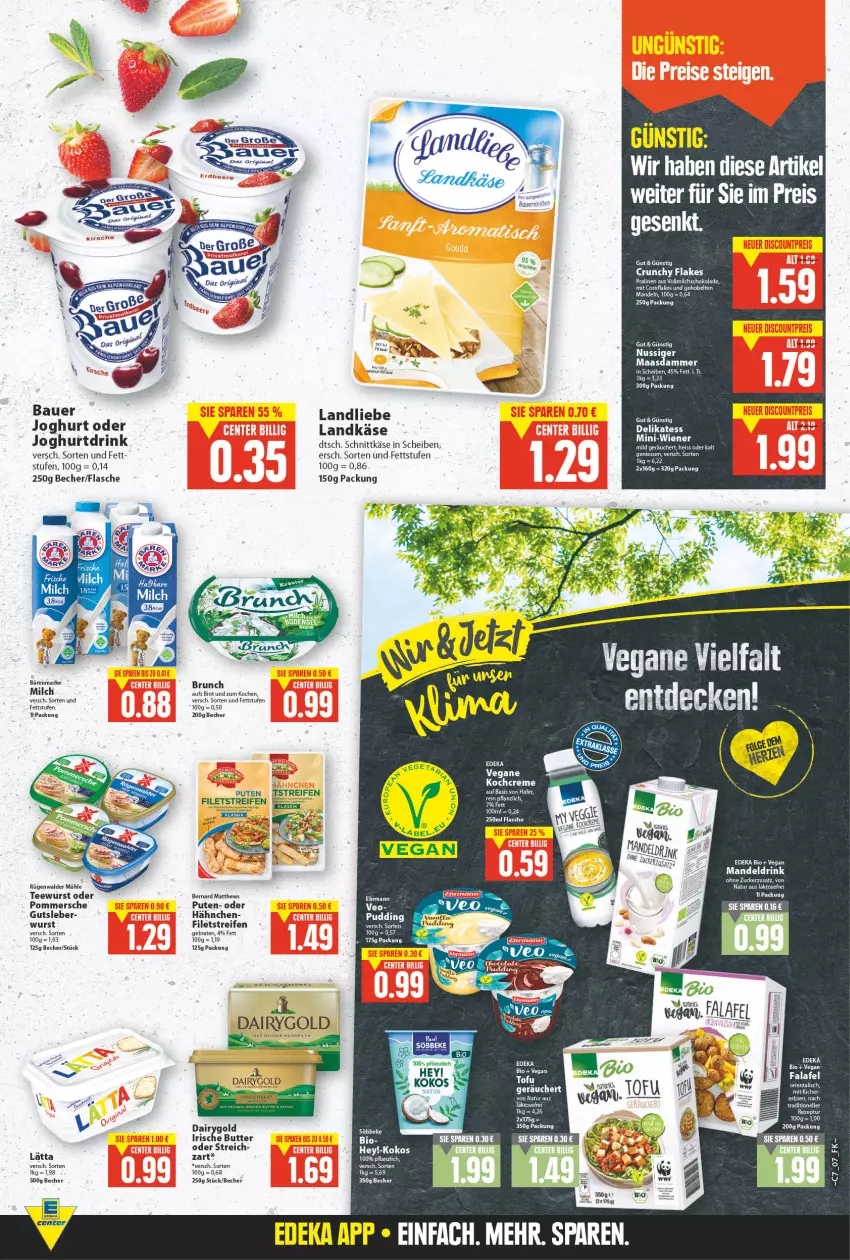 Aktueller Prospekt E Center - Angebote der Woche - von 14.02 bis 19.02.2022 - strona 7 - produkty: auer, bärenmarke, Bau, Bauer, Becher, bio, braten, brot, butter, creme, Dairygold, decke, drink, elle, erde, Falafel, filet, filets, flakes, flasche, gin, hafer, irische butter, joghur, joghurt, Joghurtdrink, Käse, Kochcreme, kokos, landkäse, landliebe, lätta, Maasdam, mandel, Mandeldrink, mandeln, milch, natur, ndk, nuss, Pommersche, pralinen, pute, reifen, rügenwalder, rügenwalder mühle, schnittkäse, schoko, schokolade, tee, teewurst, Ti, vollmilch, wiener, wurst