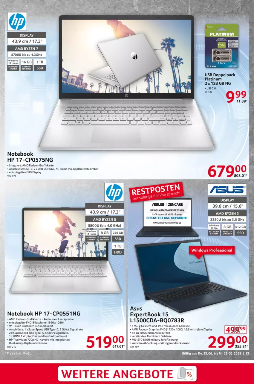 Aktueller Prospekt Selgros - Nonfood - von 22.06 bis 28.06.2023 - strona 13 - produkty: akku, AMD Radeon, angebot, angebote, asus, deo, fingerabdrucksensor, HDMI, HP, kamera, kopfhörer, Laptop, lautsprecher, notebook, radeon, ryzen, Signal, spee, spiegel, tasse, tee, Ti, usb, Yo