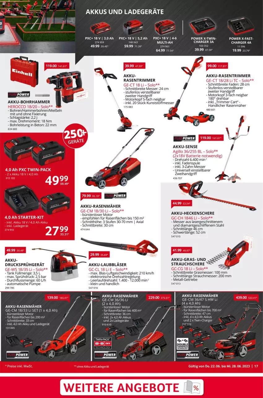 Aktueller Prospekt Selgros - Nonfood - von 22.06 bis 28.06.2023 - strona 17 - produkty: akku, Akku-Sense, auto, batterie, Bohrhammer, Brei, bürste, bürsten, eis, Elektro, heckenschere, ladegerät, messer, rasen, rasenmäher, rasentrimmer, Rauch, Schere, senf, Strauchschere, tee, Ti, tisch