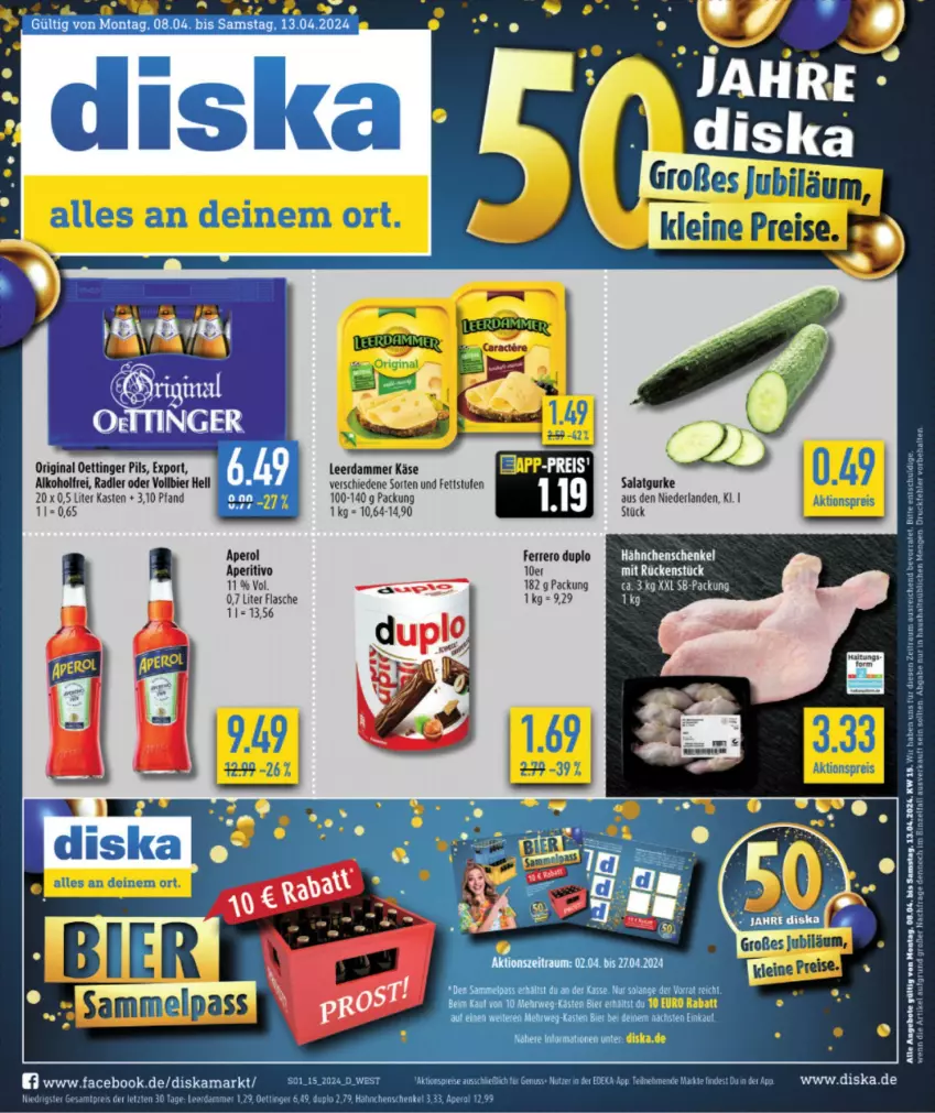 Aktueller Prospekt Diska - von 08.04 bis 13.04.2024 - strona 1 - produkty: aktionspreis, alkohol, angebot, angebote, aperol, bier, duplo, eis, ferrero, flasche, gin, gurke, hähnchenschenkel, henkel, Käse, leerdammer, oettinger, pils, radler, reis, rel, Ria, rwe, salat, Salatgurke, schenkel, Slime, Ti