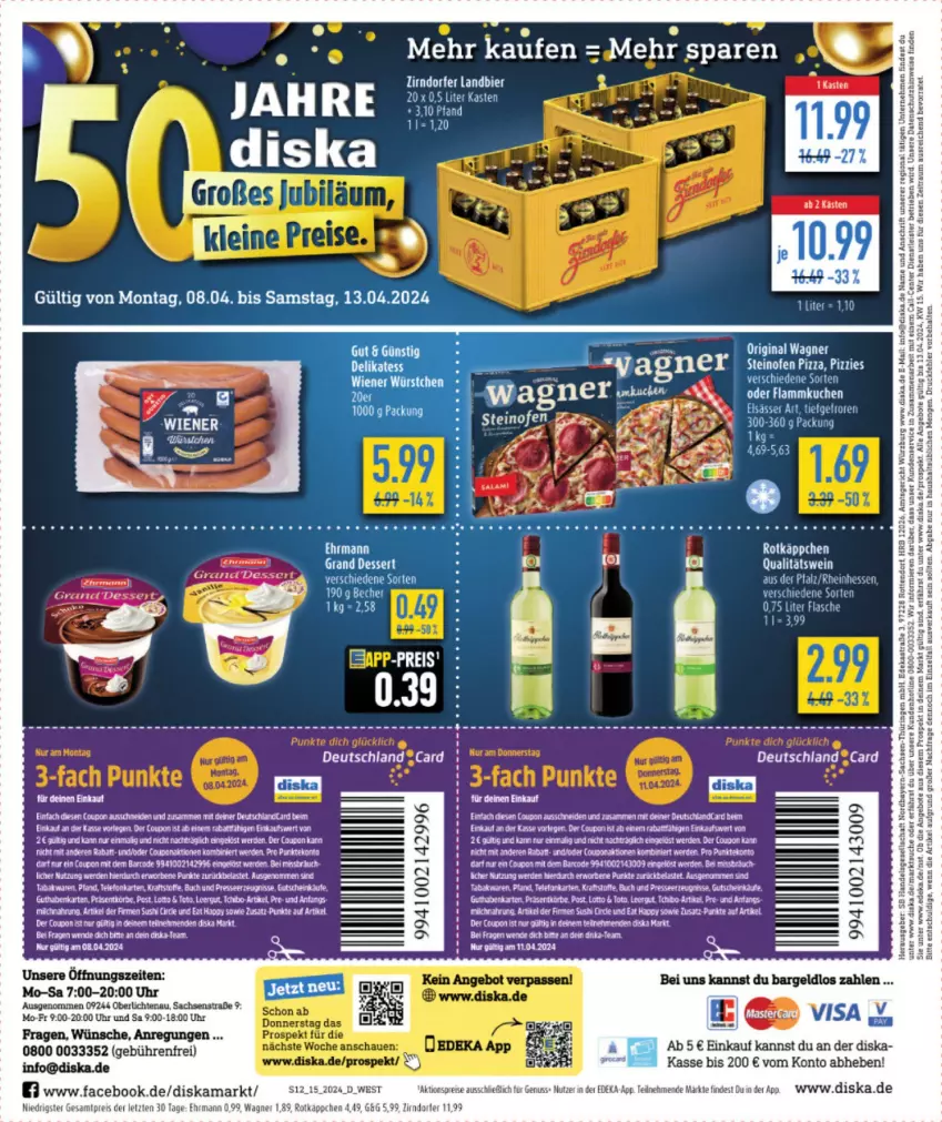 Aktueller Prospekt Diska - von 08.04 bis 13.04.2024 - strona 12 - produkty: angebot, angebote, bier, coupon, deka, dessert, ehrmann, eier, eis, elsässer art, ente, erde, flammkuchen, gin, gutschein, HP, kuchen, lamm, nuss, Ofen, original wagner, pizza, qualitätswein, reis, rotkäppchen, sac, steinofen, steinofen pizza, Tchibo, tee, Ti, uhr, wagner, wein, ZTE