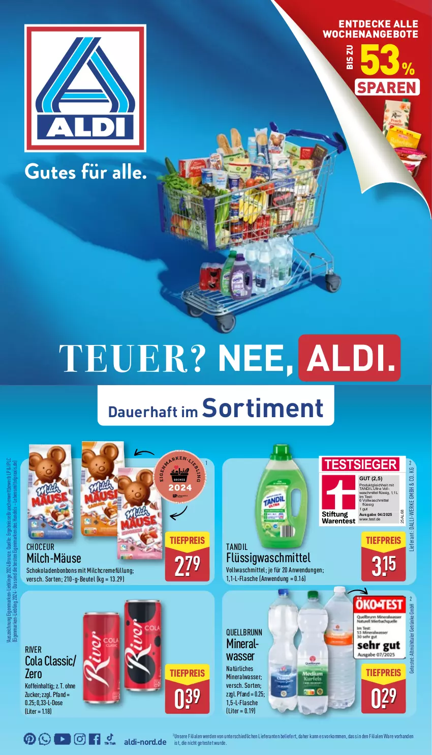 Aktueller Prospekt Aldi Nord - Von Montag - von 22.09 bis 27.09.2025 - strona 1 - produkty: aldi, Alwa, angebot, angebote, auer, beutel, bonbons, cola, creme, dalli, decke, eis, elle, erde, flasche, getränk, getränke, lebensmittel, milch, mineralwasser, natürliches mineralwasser, Quellbrunn, reis, schoko, schokolade, schokoladen, Ti, tiefpreis, vollwaschmittel, waschmittel, wasser, zucker