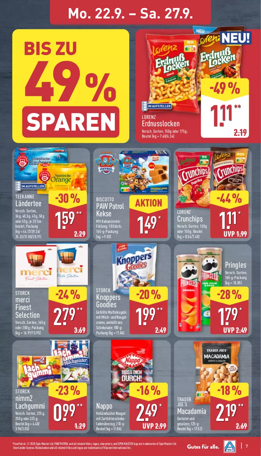 Aktueller Prospekt Aldi Nord - Von Montag - von 22.09 bis 27.09.2025 - strona 11 - produkty: beutel, biscotto, chips, creme, crunchips, deo, elle, erdnuss, kakao, keks, kekse, knoppers, Kugel, lachgummi, Ländertee, lorenz, lorenz crunchips, mac, macadamia, merci, milch, nimm2, nuss, Paw Patrol, pringles, rel, ring, salz, schoko, schokolade, storck, tee, teekanne, teller, Ti