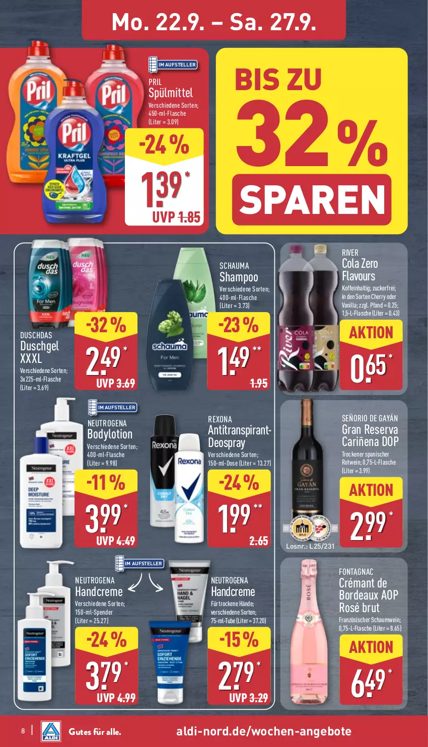 Aktueller Prospekt Aldi Nord - Von Montag - von 22.09 bis 27.09.2025 - strona 12 - produkty: aldi, angebot, angebote, Antitranspirant, body, bodylotion, brut, cola, creme, deo, deospray, duschdas, duschgel, elle, flasche, handcreme, Lotion, neutrogena, pril, rexona, schauma, schauma shampoo, shampoo, spülmittel, teller, Ti, wein, zucker