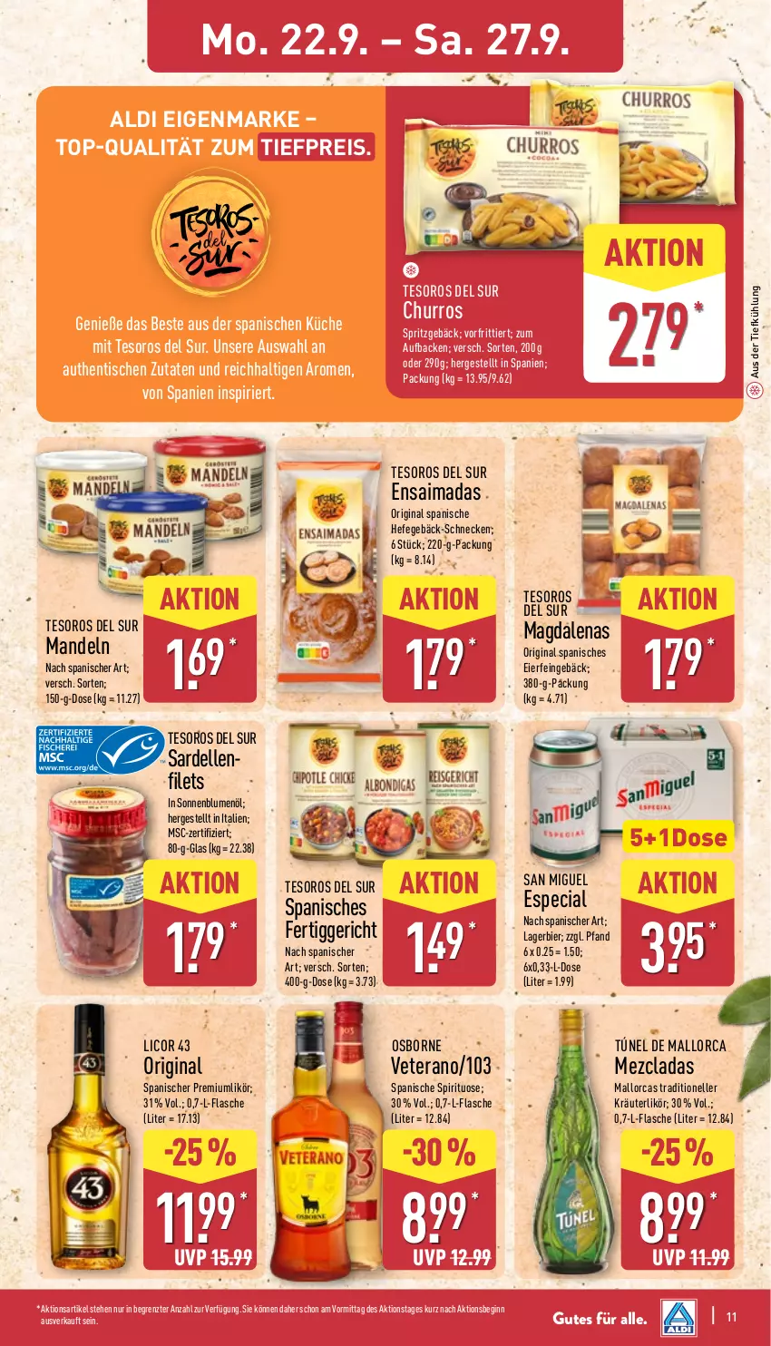 Aktueller Prospekt Aldi Nord - Von Montag - von 22.09 bis 27.09.2025 - strona 15 - produkty: aldi, aus der tiefkühlung, bier, blume, blumen, blumenöl, dell, eier, eis, elle, fertiggericht, filet, filets, flasche, gin, Hefe, kräuter, kräuterlikör, küche, Lagerbier, licor, licor 43, likör, mandel, mandeln, osborne, reis, Sardellen, sonnenblume, sonnenblumen, sonnenblumenöl, Spritzgebäck, Ti, tiefpreis, tisch, veterano, ZTE