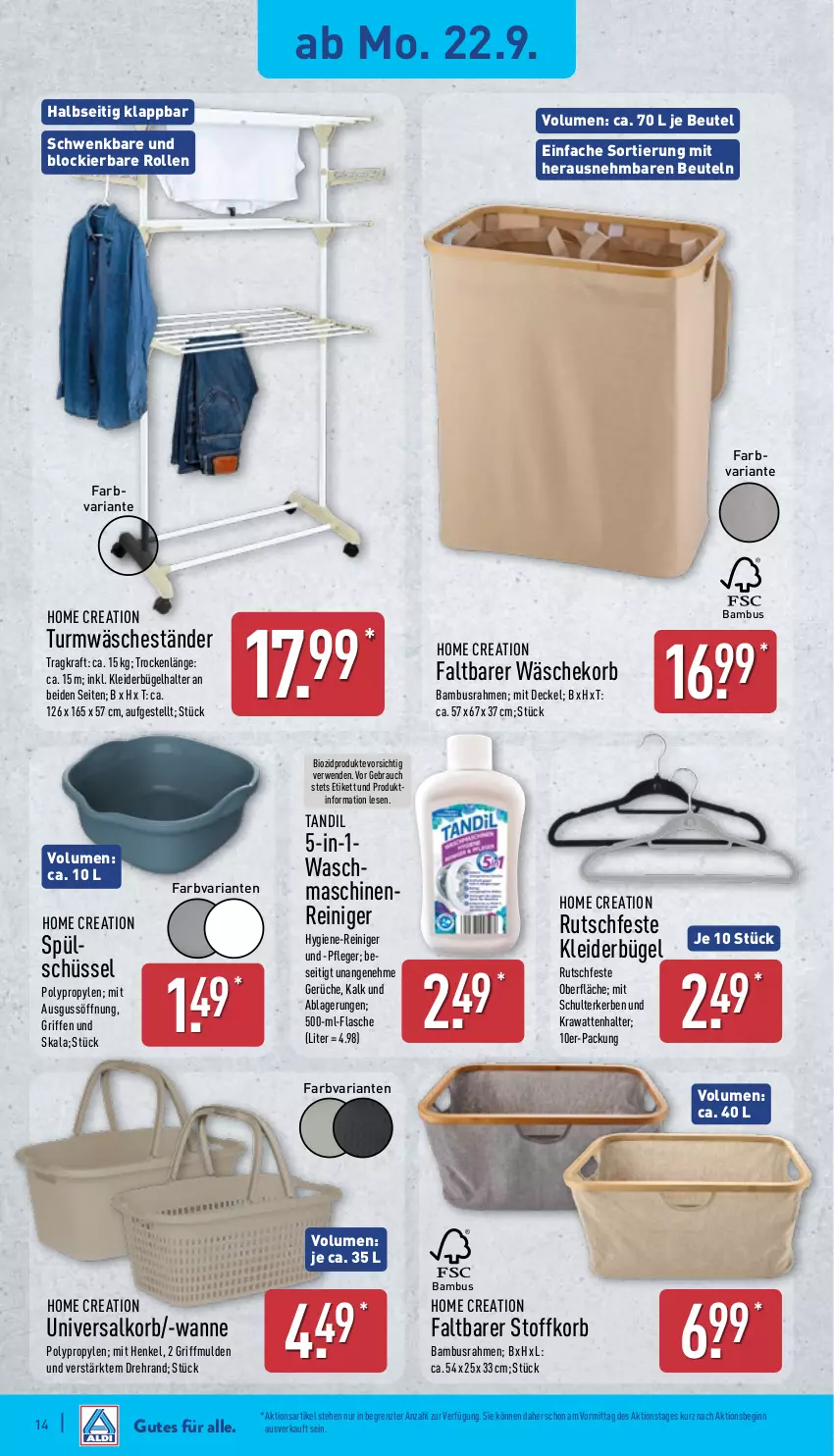 Aktueller Prospekt Aldi Nord - Von Montag - von 22.09 bis 27.09.2025 - strona 18 - produkty: bambus, beutel, bio, biozidprodukte, bügel, decke, Deckel, flasche, gin, henkel, hygiene-reiniger, kleid, kleider, kleiderbügel, korb, kraft, maschinenreiniger, Rauch, reiniger, Ria, rwe, schüssel, Ti, Wanne, wäschekorb, ZTE