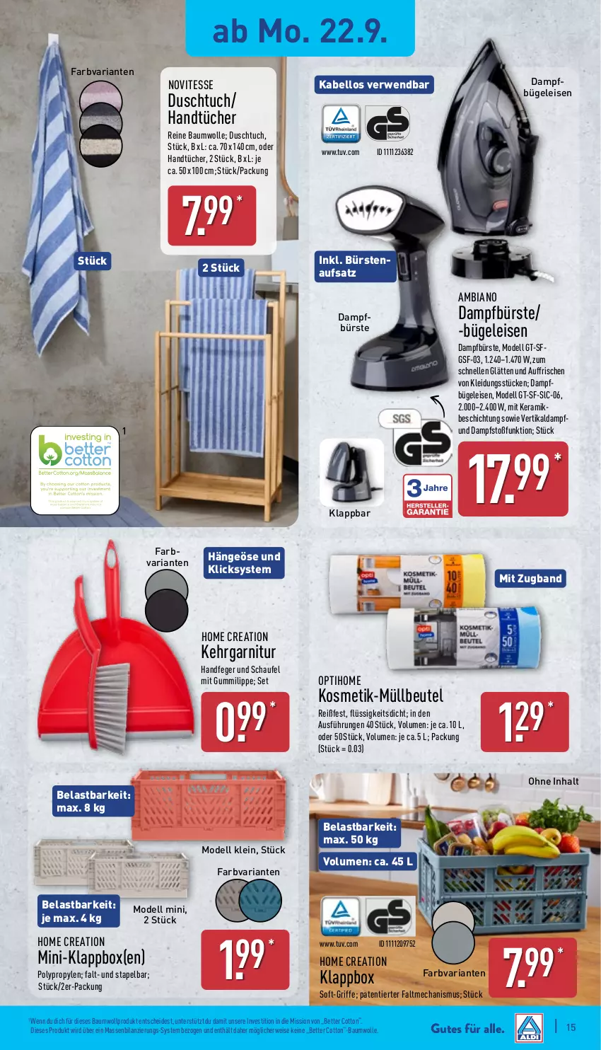 Aktueller Prospekt Aldi Nord - Von Montag - von 22.09 bis 27.09.2025 - strona 19 - produkty: ambia, Bau, baumwolle, bett, beutel, bügel, Bügeleisen, bürste, bürsten, dampfbügeleisen, dell, duschtuch, eis, elle, garnitur, handtücher, Klappbox, kleid, Kleidung, kosmetik, Mode, müllbeutel, reine baumwolle, Ria, rwe, Ti, tuc, tücher, wolle