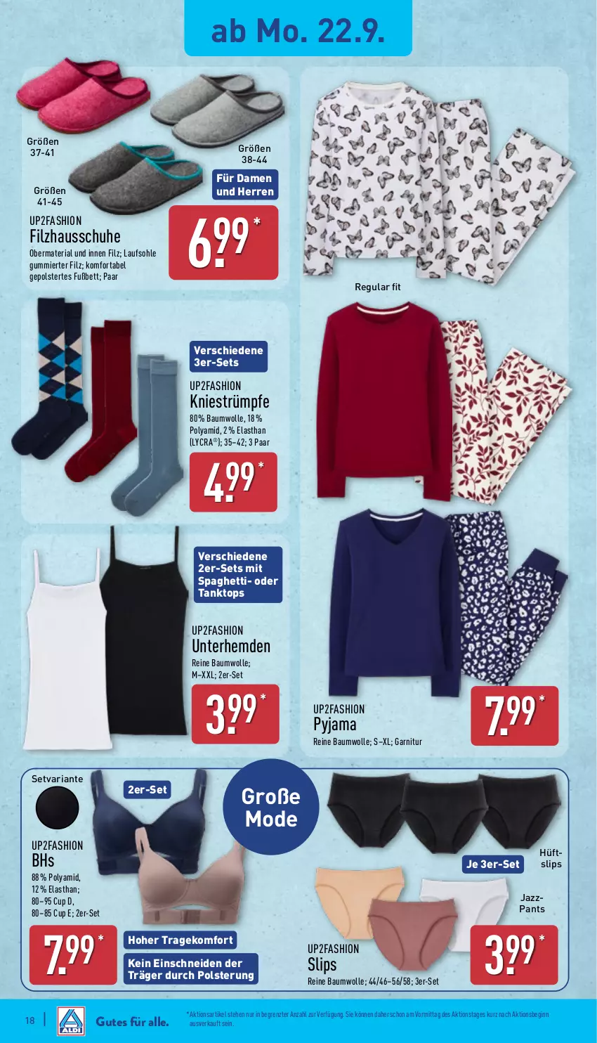 Aktueller Prospekt Aldi Nord - Von Montag - von 22.09 bis 27.09.2025 - strona 22 - produkty: Bau, baumwolle, bett, garnitur, gin, Hausschuhe, hemd, hemden, Mode, Pants, Pyjama, reine baumwolle, Ria, schuhe, slip, slips, spaghetti, strümpfe, tanktop, Ti, up2fashion, wolle, ZTE