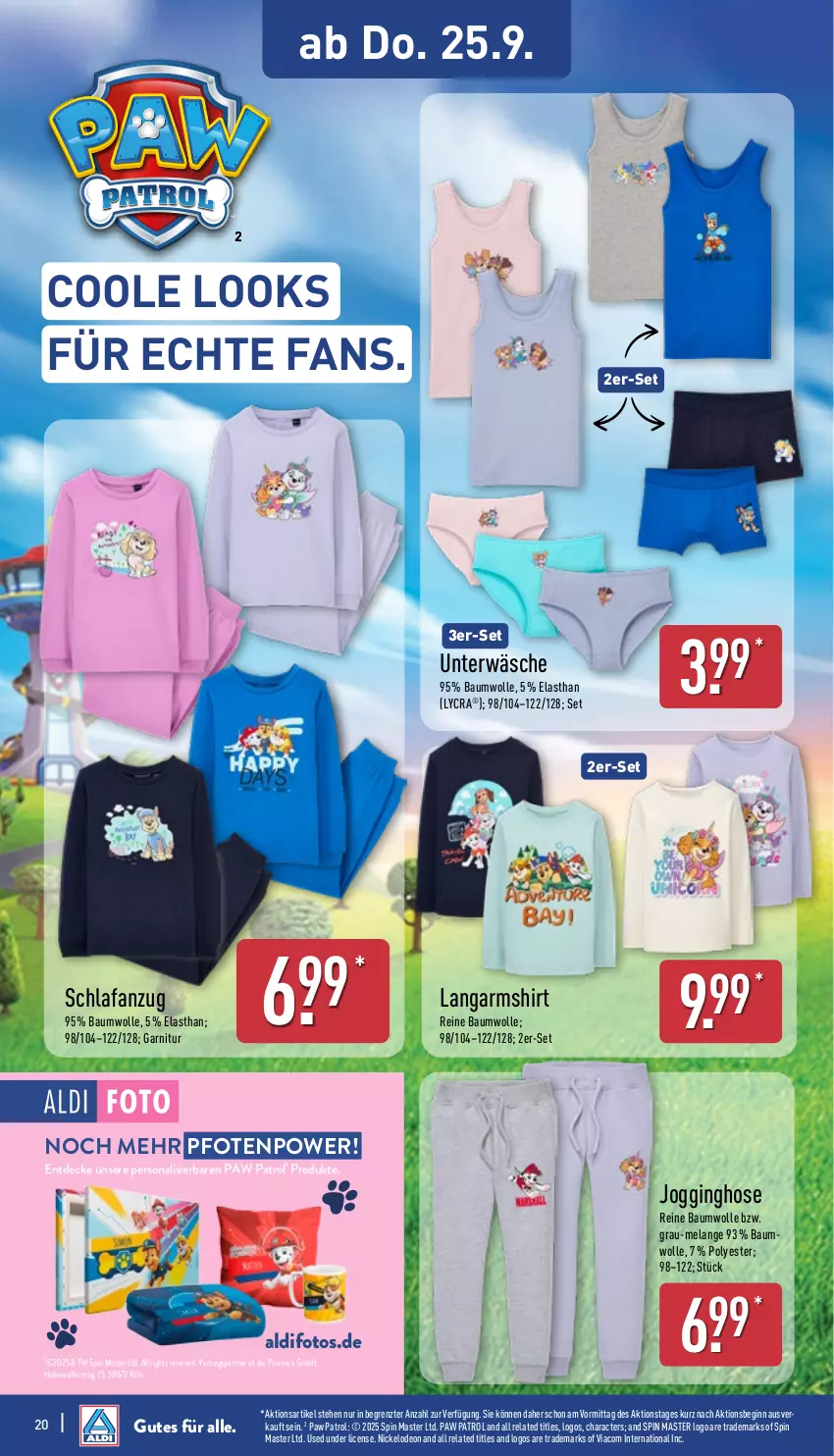 Aktueller Prospekt Aldi Nord - Von Montag - von 22.09 bis 27.09.2025 - strona 24 - produkty: aldi, Anzug, Bau, baumwolle, decke, deo, Elan, garnitur, gin, hose, Langarmshirt, Paw Patrol, Persona, reine baumwolle, rel, ring, Schlafanzug, shirt, Ti, Unterwäsche, wolle, ZTE