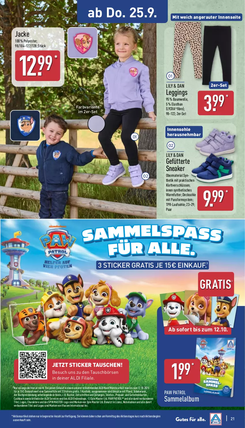 Aktueller Prospekt Aldi Nord - Von Montag - von 22.09 bis 27.09.2025 - strona 25 - produkty: aldi, Bau, baumwolle, buch, decksohle, deo, eis, gin, gutschein, HP, Jacke, leggings, Liege, Paw Patrol, reis, Ria, sneaker, telefon, Ti, tisch, Tüte, wolle, ZTE