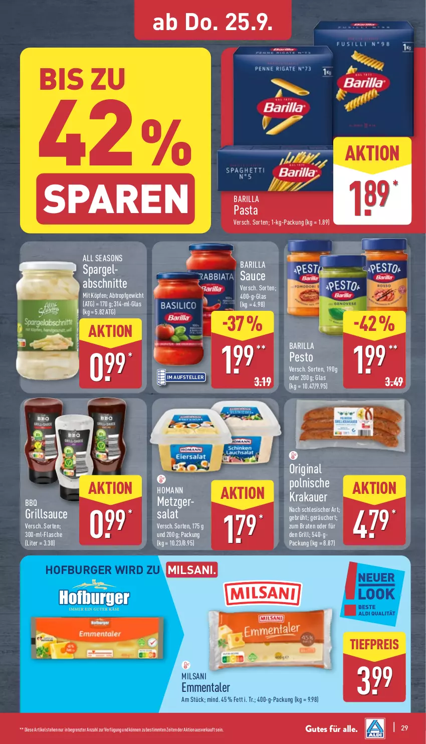 Aktueller Prospekt Aldi Nord - Von Montag - von 22.09 bis 27.09.2025 - strona 33 - produkty: auer, barilla, braten, burger, eis, elle, emmentaler, flasche, gin, grill, grillsauce, homann, krakauer, pasta, pesto, reis, salat, sauce, spargel, teller, Ti, tiefpreis, ZTE